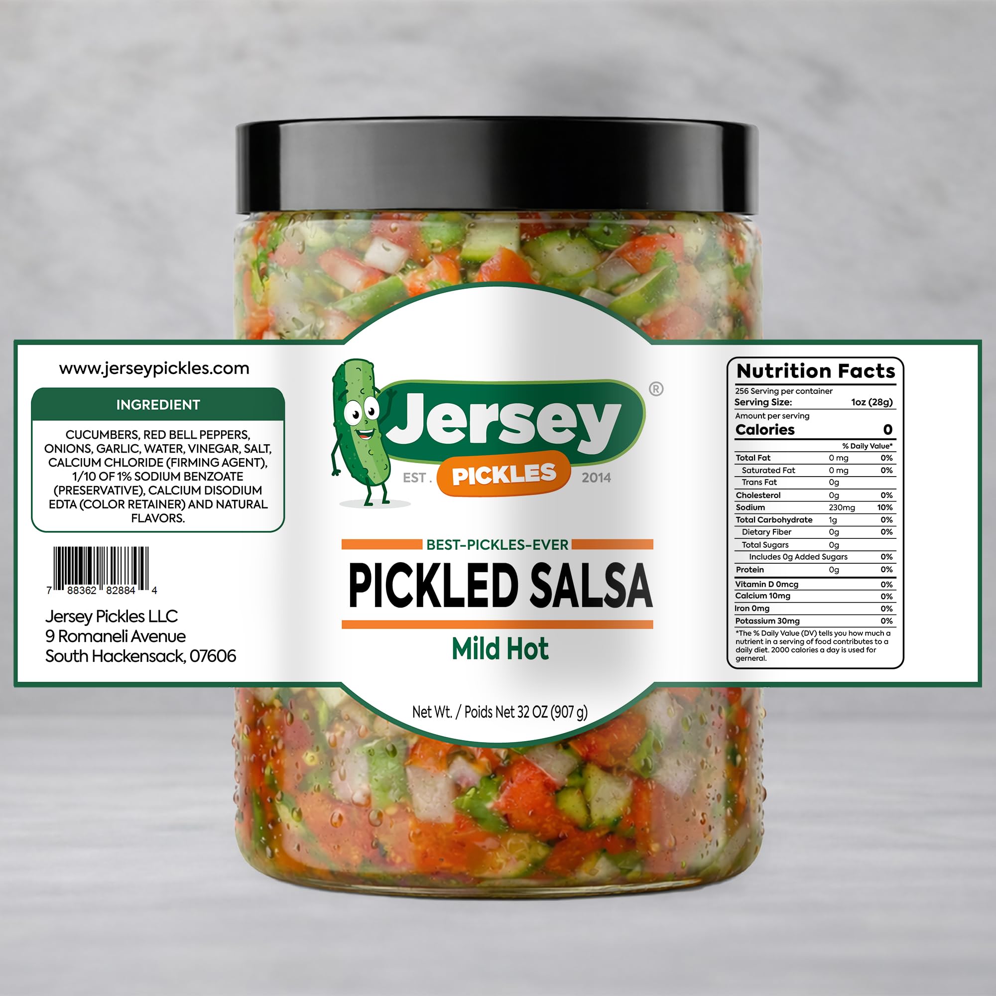 Jersey Pickles - Pickle Salsa - Fresh Cucumber Salsa, Crunchy Vegetable Mix, Vinegar Brined Dip, Ready to Eat Snacks, Quart Jar 32oz (2 Pack, Mild