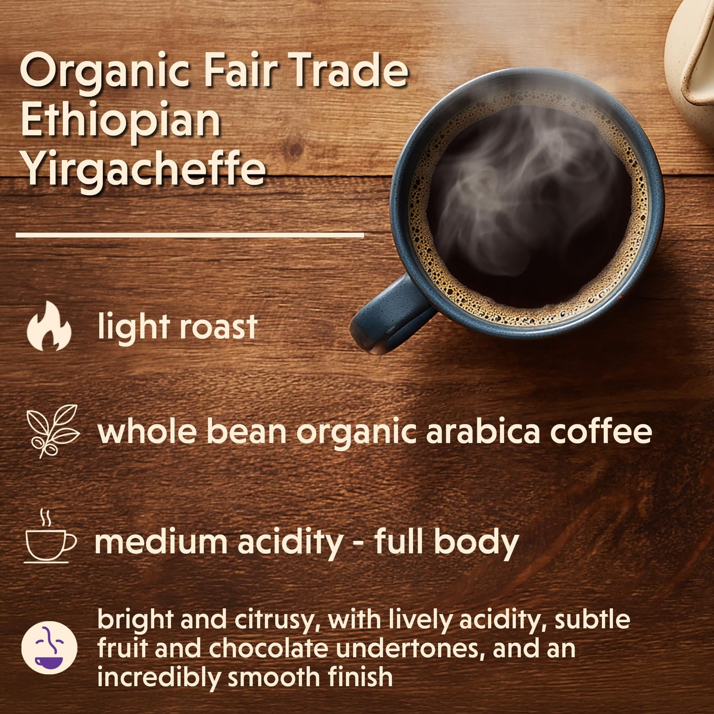 Coffee Bean Direct Organic Fair Trade Ethiopian Yirgacheffe, Whole Bean Coffee, Arabica Coffee, Light Roast, 2.5 Pound Bag (Pack of 1)