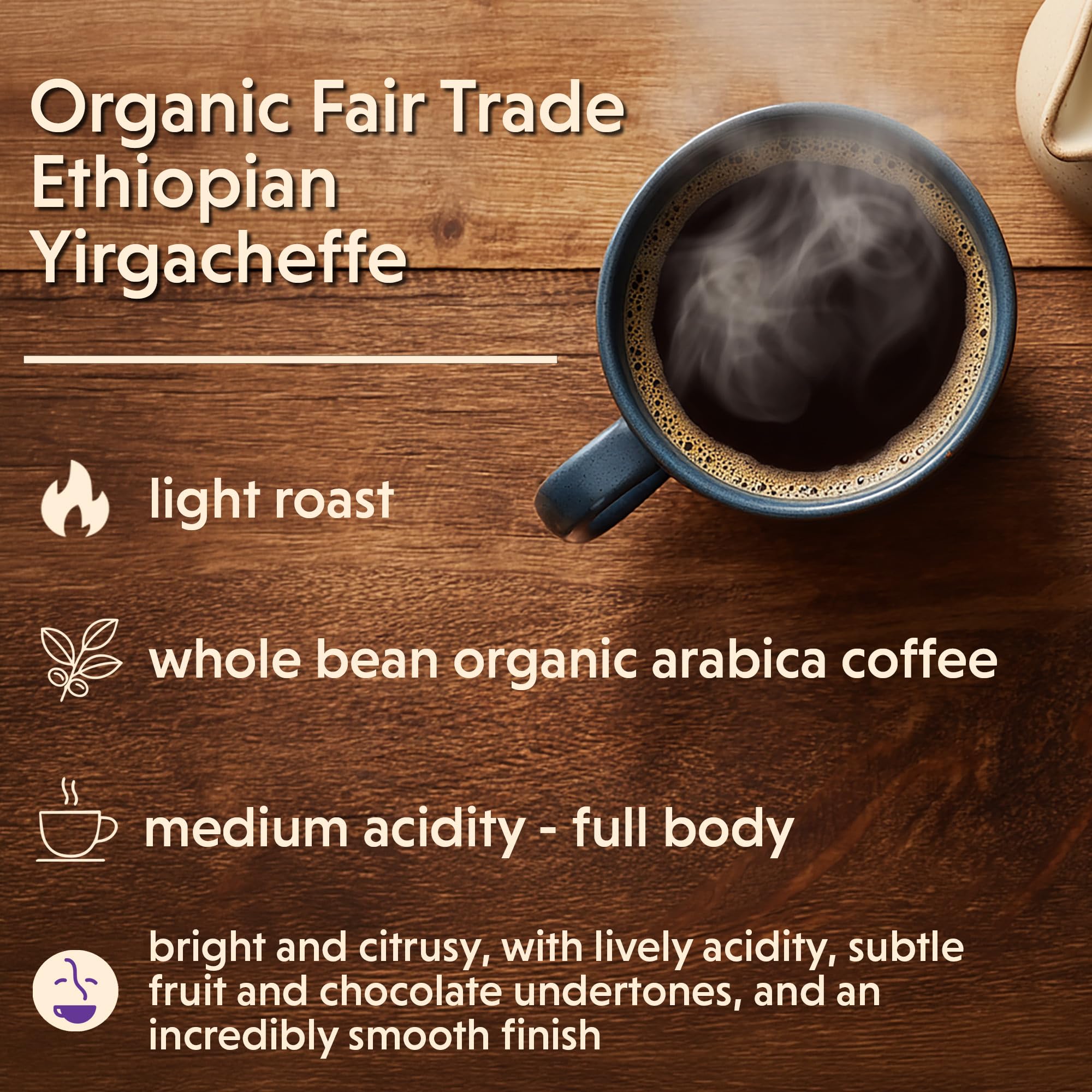 Coffee Bean Direct Organic Fair Trade Ethiopian Yirgacheffe, Whole Bean Coffee, Arabica Coffee, Light Roast, 2.5 Pound Bag (Pack of 1)