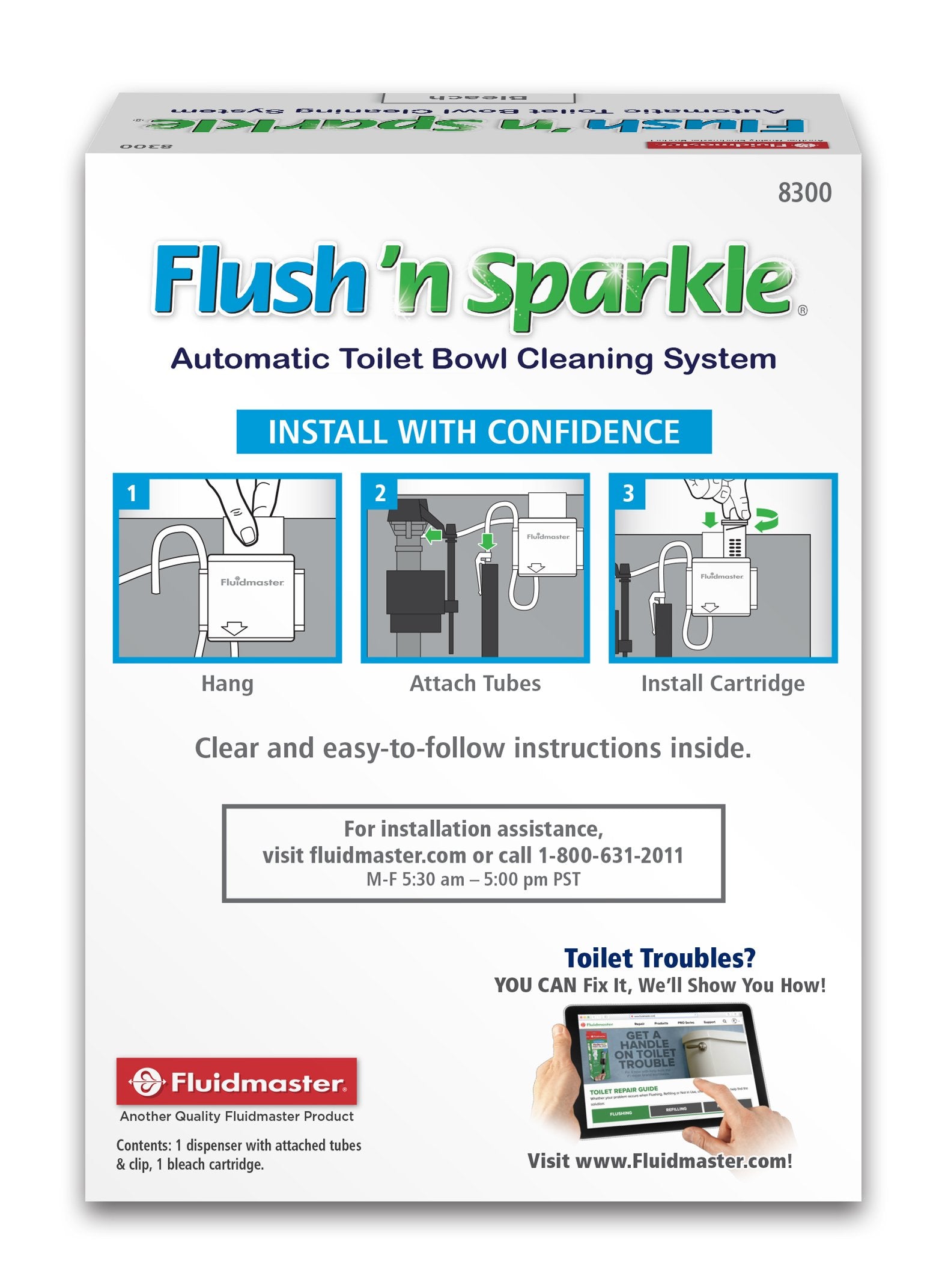 Fluidmaster 8300 Flush 'n Sparkle Automatic Toilet Bowl Cleaning System with Bleach Cartridge, 1 Count (Pack of 1) ( Packaging May Vary)