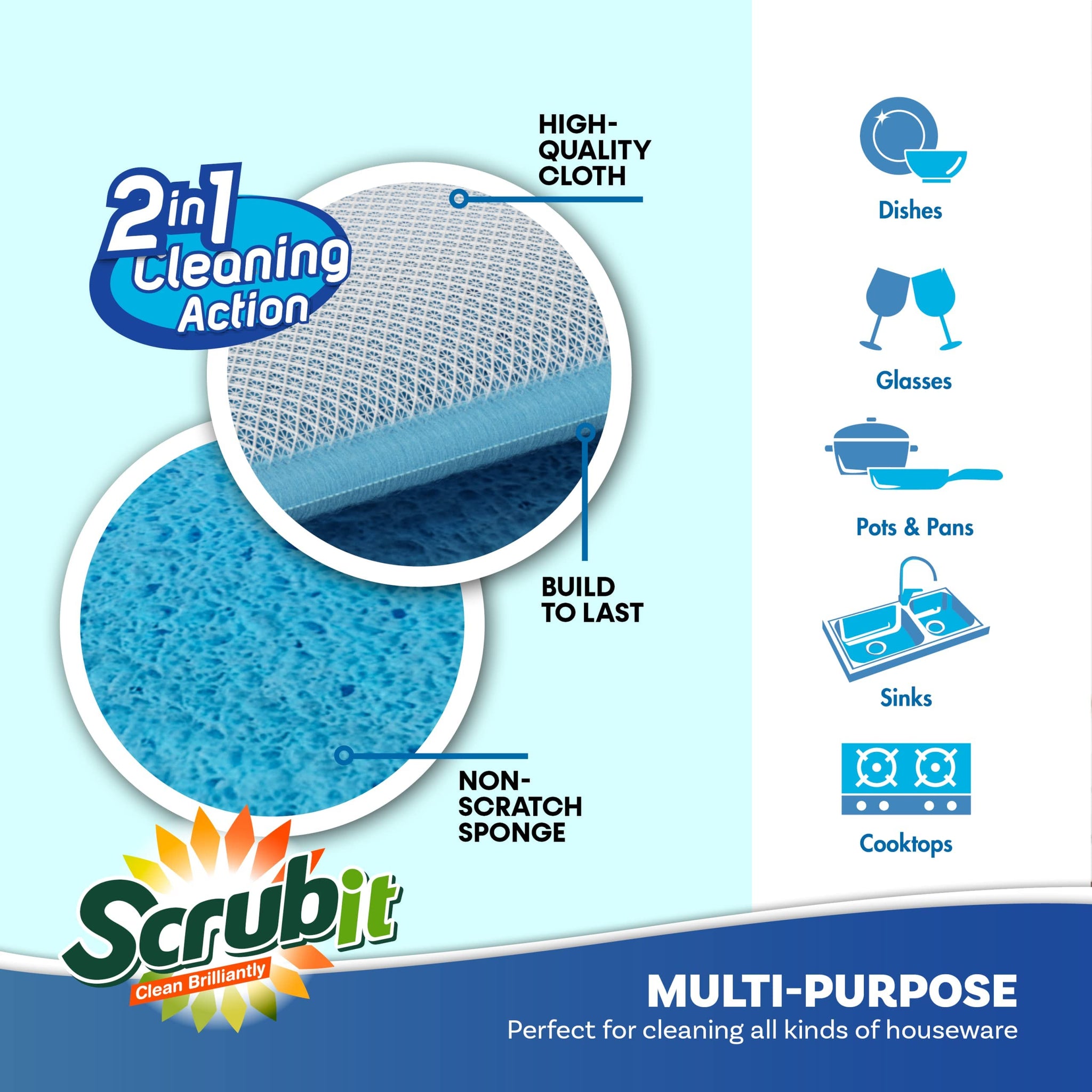 SCRUBIT - [12 Pack] Scrub and Wipe Cleaning Pads - Dual Sided Scouring Pad and Dish Sponge -Reusable Kitchen Sponge for Pots, Pans Utensils