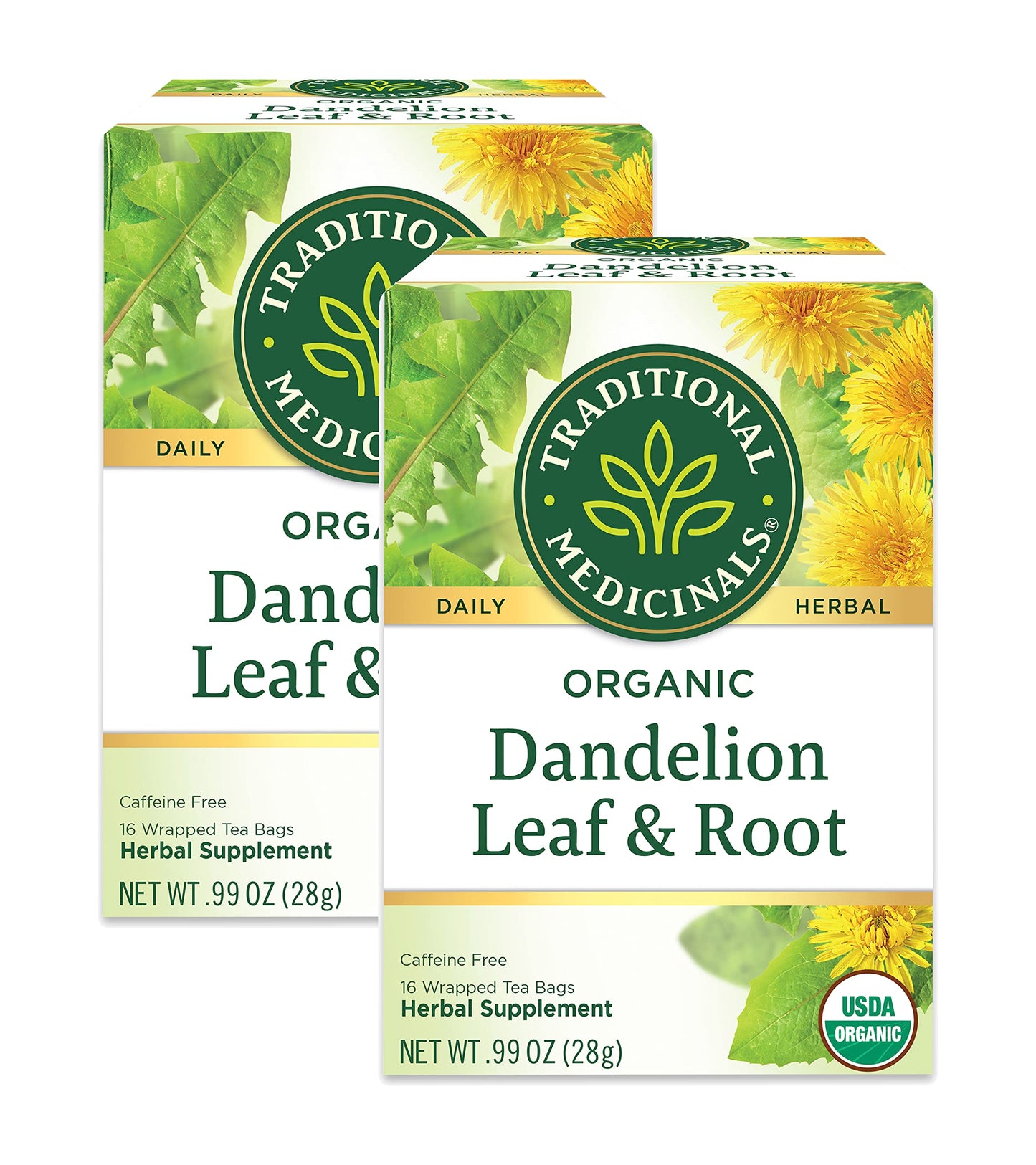 Traditional Medicinals Organic Dandelion Leaf & Root Herbal Tea, Supports Kidney Function & Healthy Digestion, (Pack of 2) - 32 Tea Bags Total