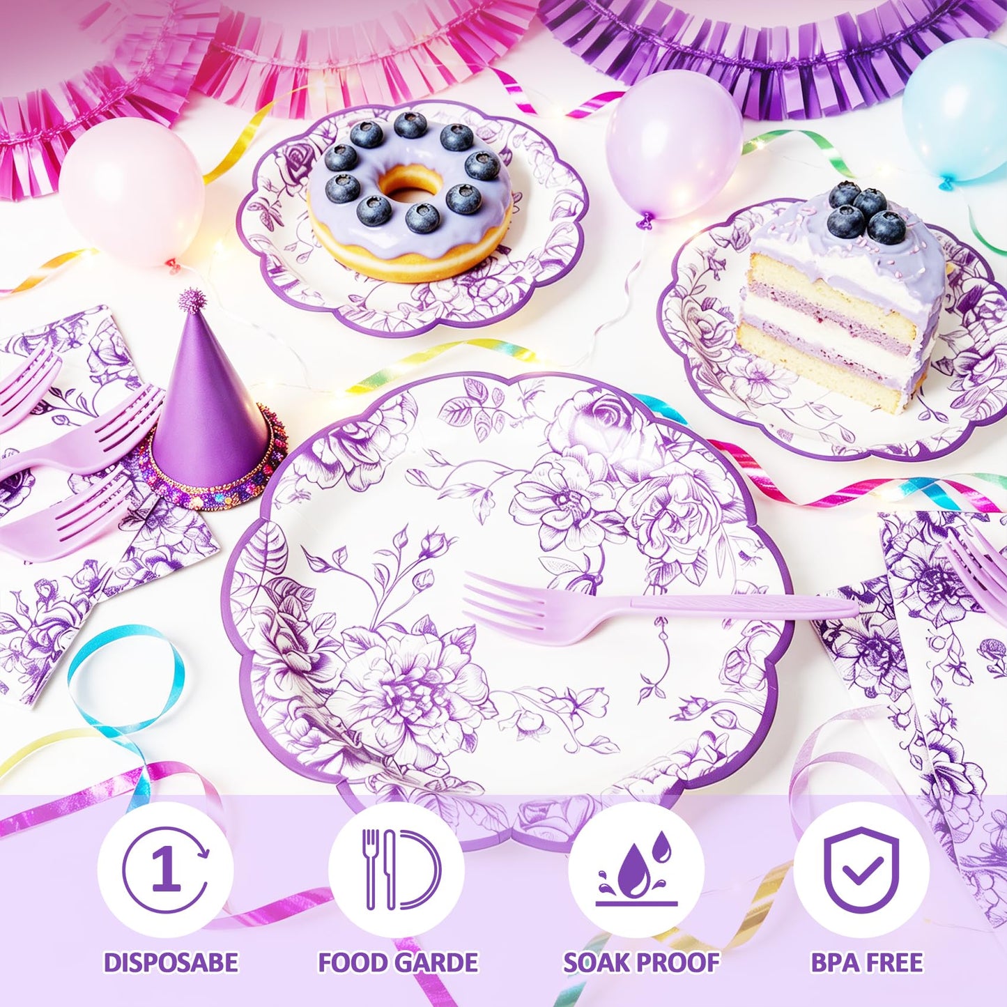 120Pcs Lavender Floral Paper Plate and Napkins Party Supplies | 9''&7'' Disposable Purple White Chinoiserie Scalloped Plates Cups Napkins Forks