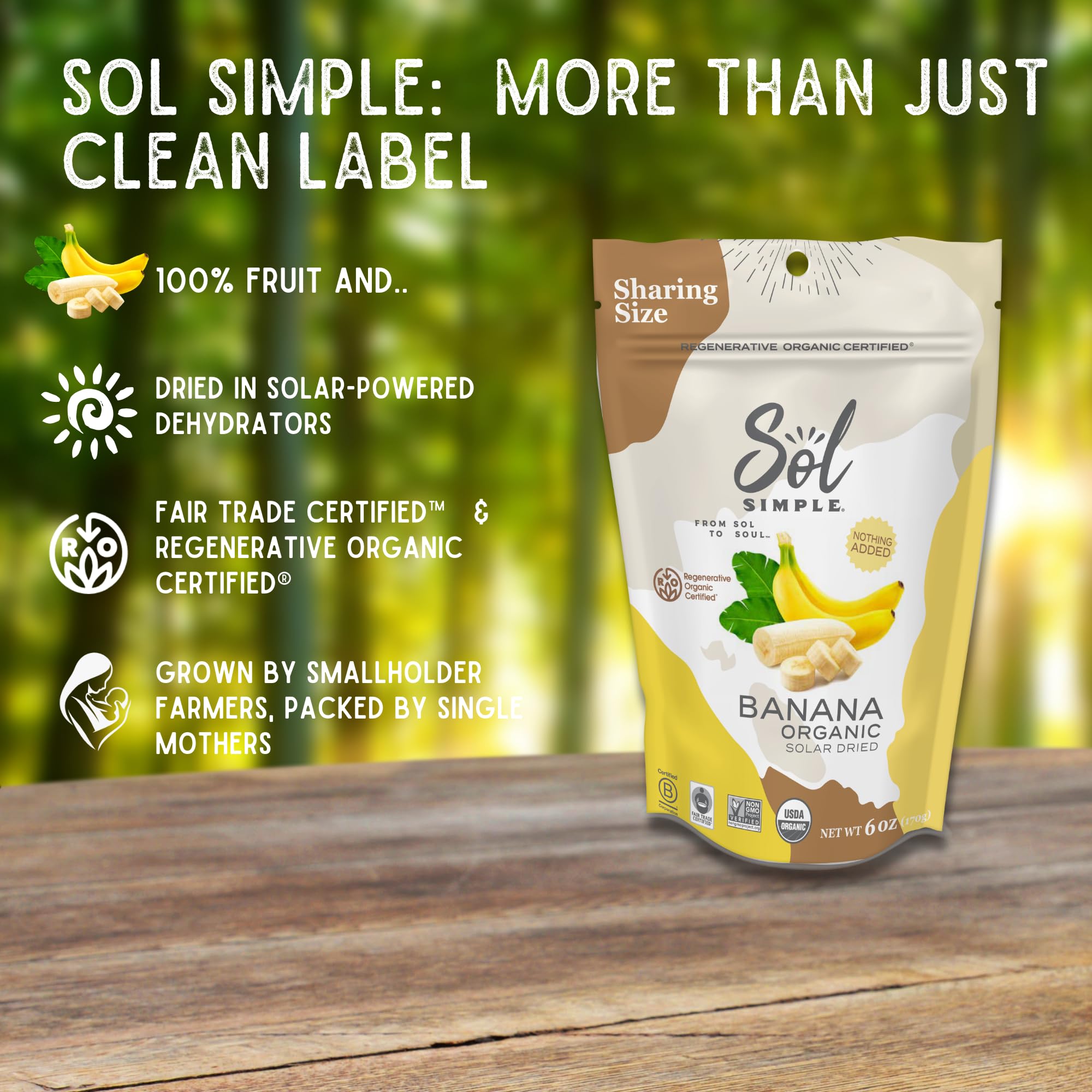 SOL SIMPLE Regenerative Organic Certified, Dried Banana | 6oz Snack Pack (2 Bags Total) | One Ingredient | Vegan | Non-GMO | No Added Sugar | Fair