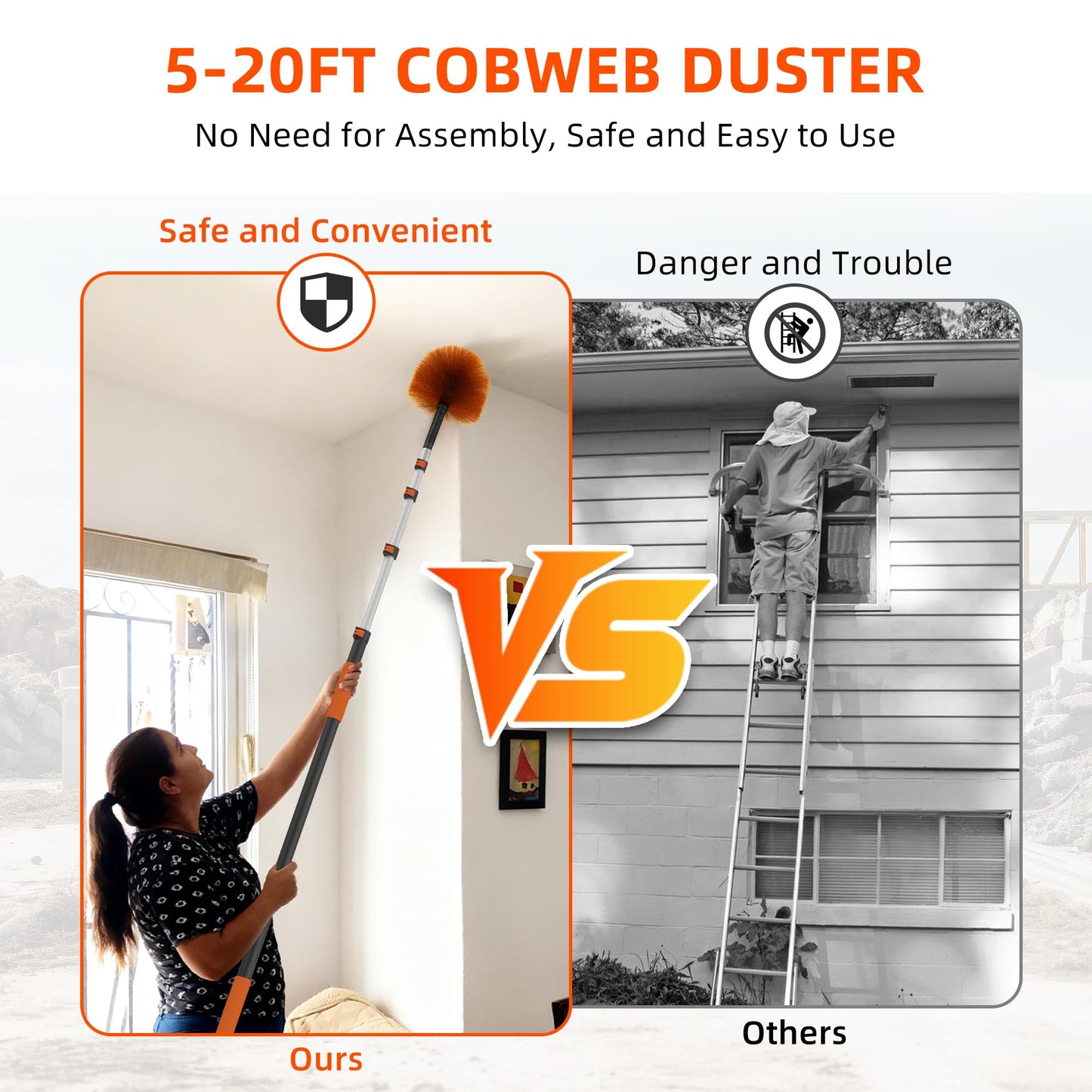 26 FT Cobweb Duster with Extension Pole, Cobweb Duster with 5-20FT Telescoping Extension Pole, Cleans Spider Webs, Washable & Reusable for High