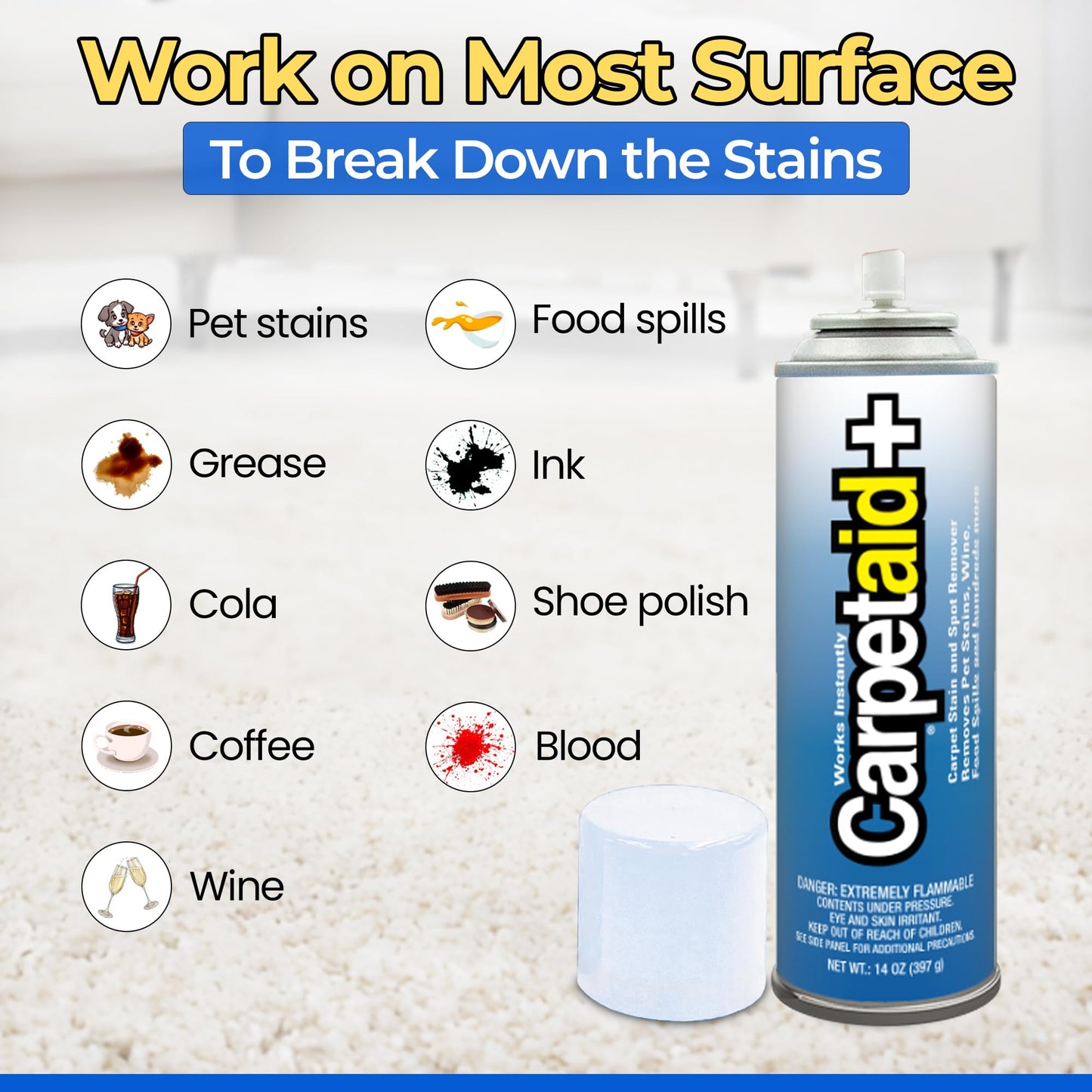 Carpet Aid Spot and Stain Remover, pH Balanced Cleaner for Carpets, Rugs, and Upholstery - Removes Oil, Grease, Ink, Coffee, Pet Urine, and Lipstick