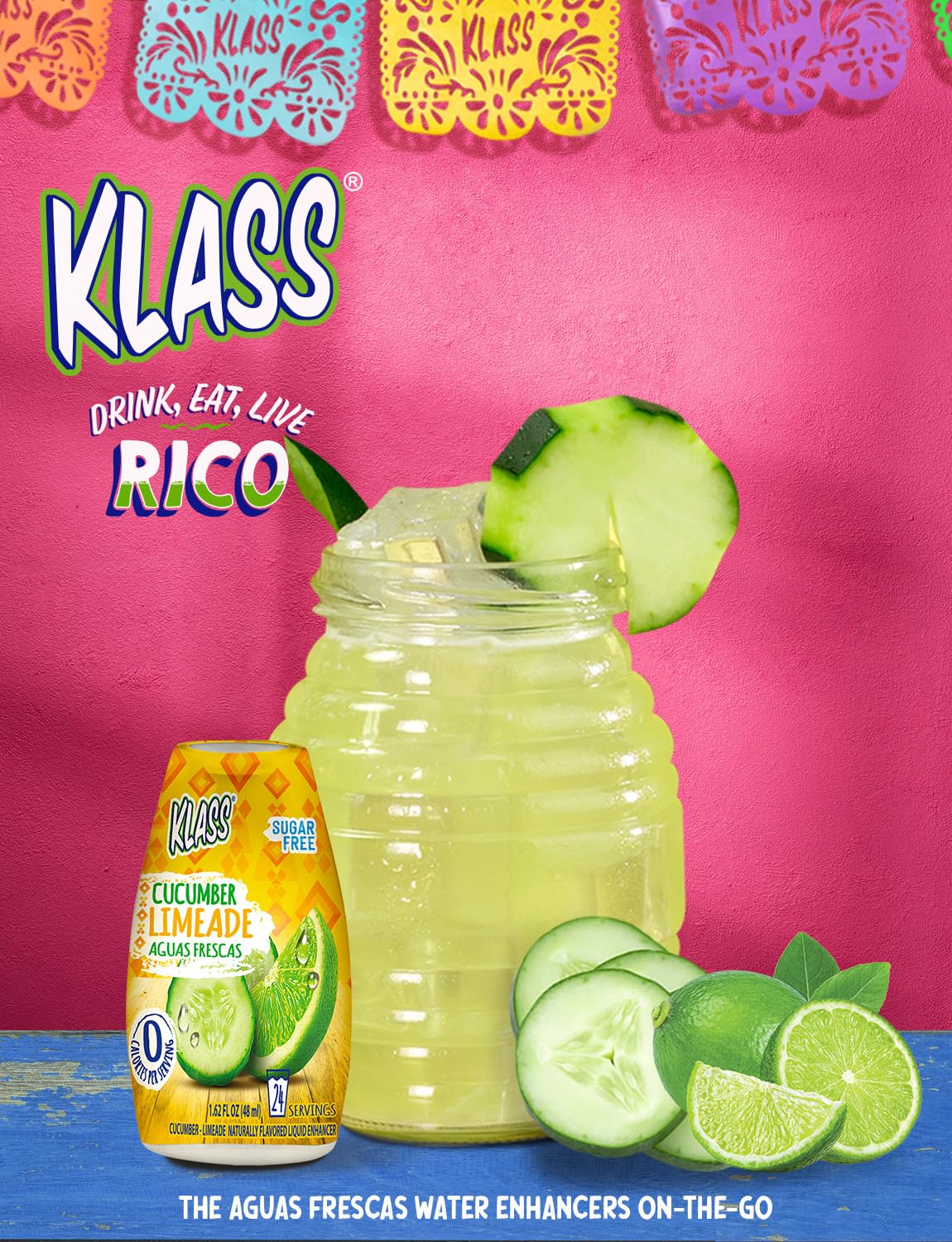 Klass Aguas Frescas | Liquid Water Enhancer | Classic Variety Pack | Flavors: Cucumber Limeade Strawberry Watermelon Hibiscus Berries & Pineapple