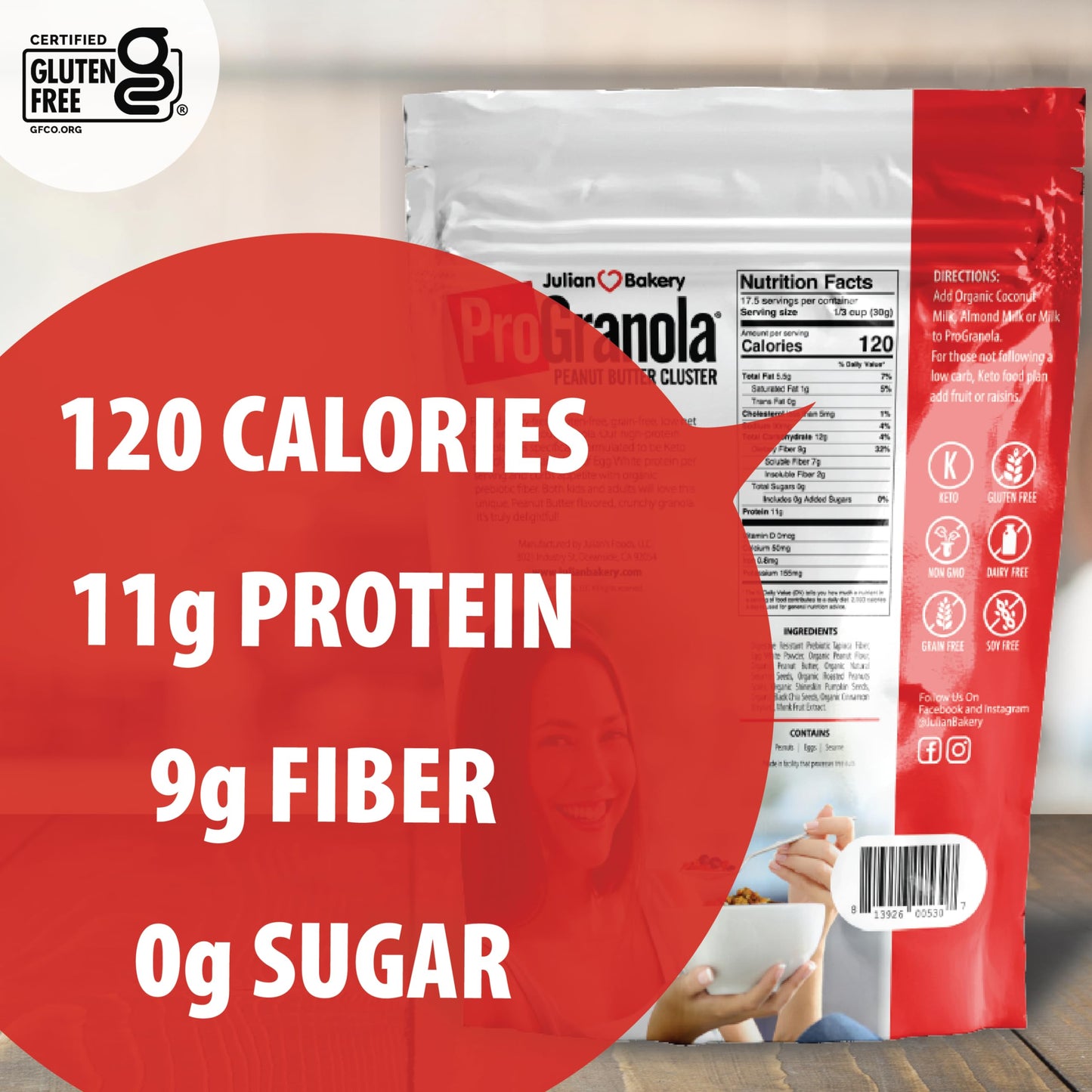 Julian Bakery® ProGranola® Cereal | Peanut Butter Cluster | 12g Protein | 2 Net Carbs | Gluten-Free | Grain-Free | 3 Pack