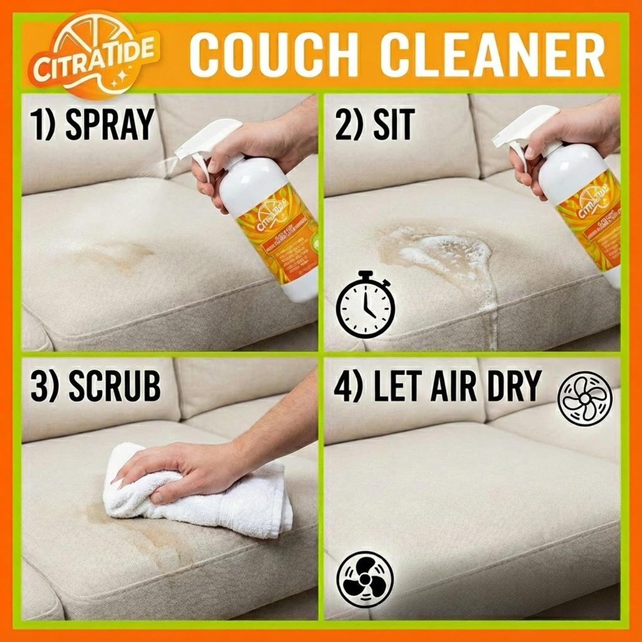 CITRATIDE Plant-Based Couch Cleaner & Stain Remover Spray - Upholstery & Fabric Cleaner for Sofas, Couches & Car Interiors - Pet & Kid Safe