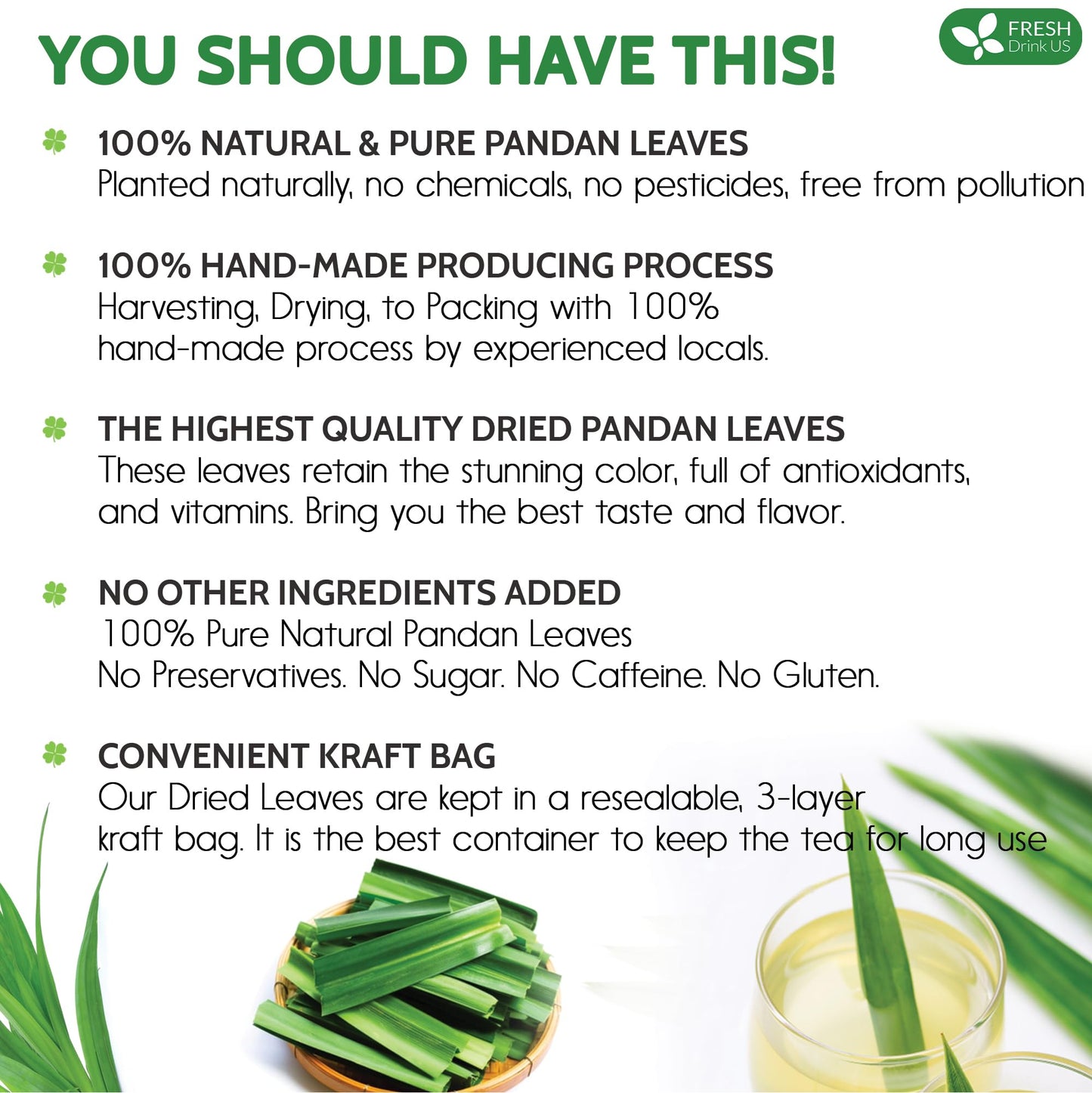 FreshDrinkUS, Premium 4.5oz Natural Pandan Leaves Dried, 100% Pure Dried Pandan Leaves, Pandan Leaf Tea, No Additives, No Caffeine, Vegan