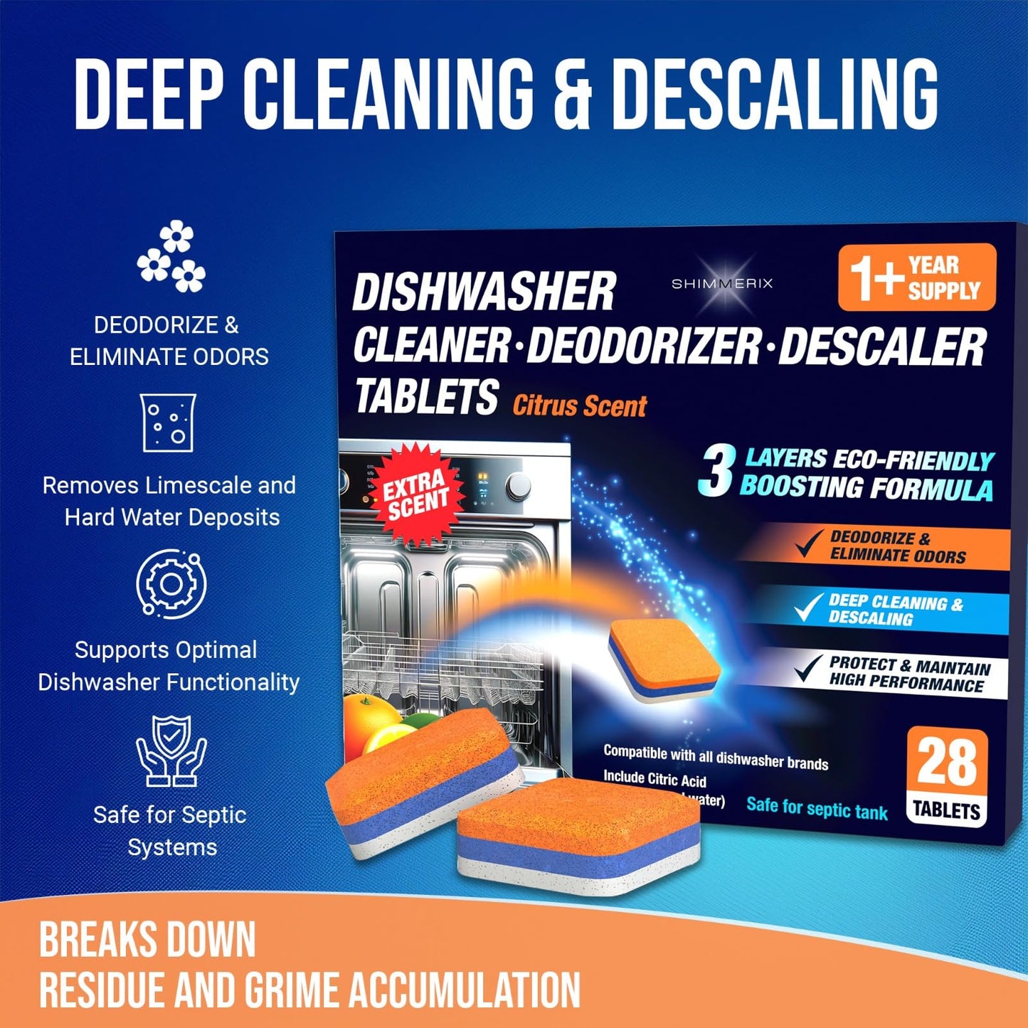 Dishwasher Cleaner Deodorizer Descaler Tablets - 28 Tabs - 1 Plus Year Supply - Extra Scented Deep Cleaning Sanitizer Pods - Remove Hard Water