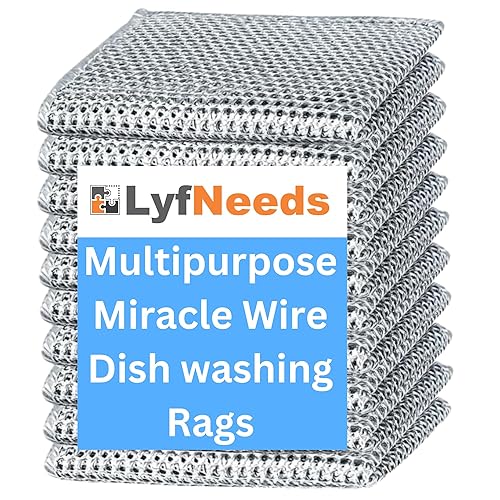 LyfNeeds Non Scratch Wire Dishwashing Rag, 8 Pack Double Layer Reusable Wire Dishcloth, Silver Mesh Metal Cleaning Cloth for Pots, Pans, Sink, Steel