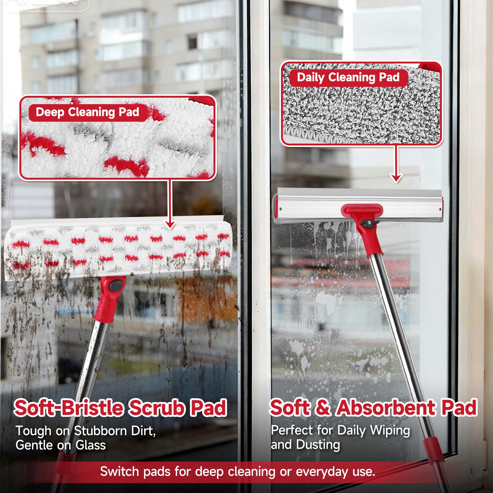 86.6" Window Squeegee for Home, Squeegee for Window Cleaning Kit with 6-Section Adjustable Long Handle, 16" & 12" Glass Scraper Squeegee for Shower