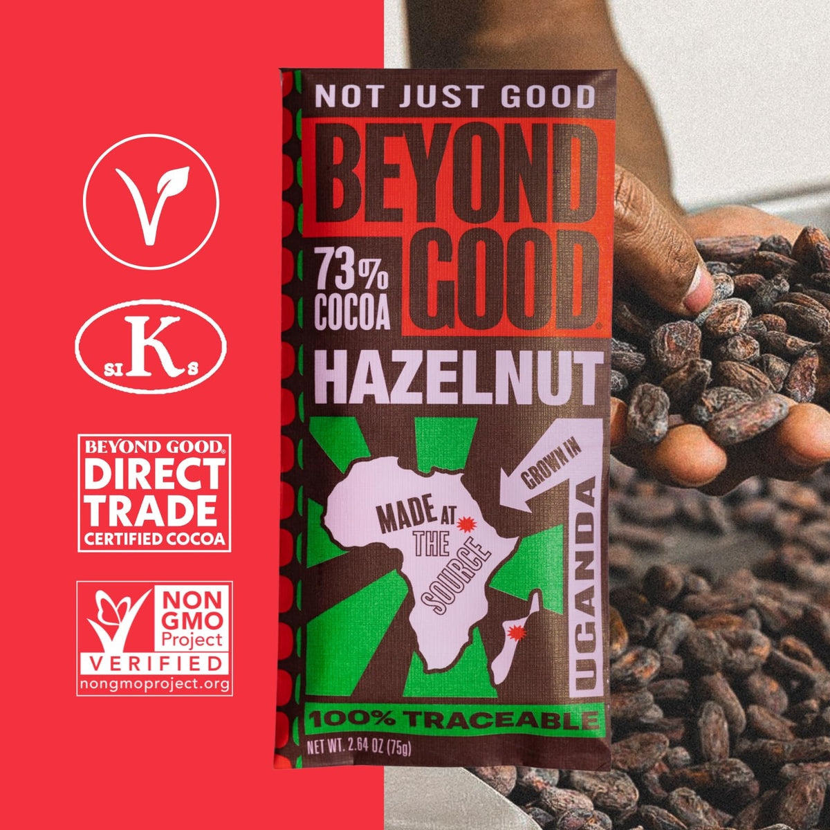 Beyond Good 73% Cocoa Dark Chocolate with Hazelnuts | 6 Pack - Chocolate Bars | Direct Trade, Vegan, Kosher, Non-GMO | Single Origin Ugandan Chocolate