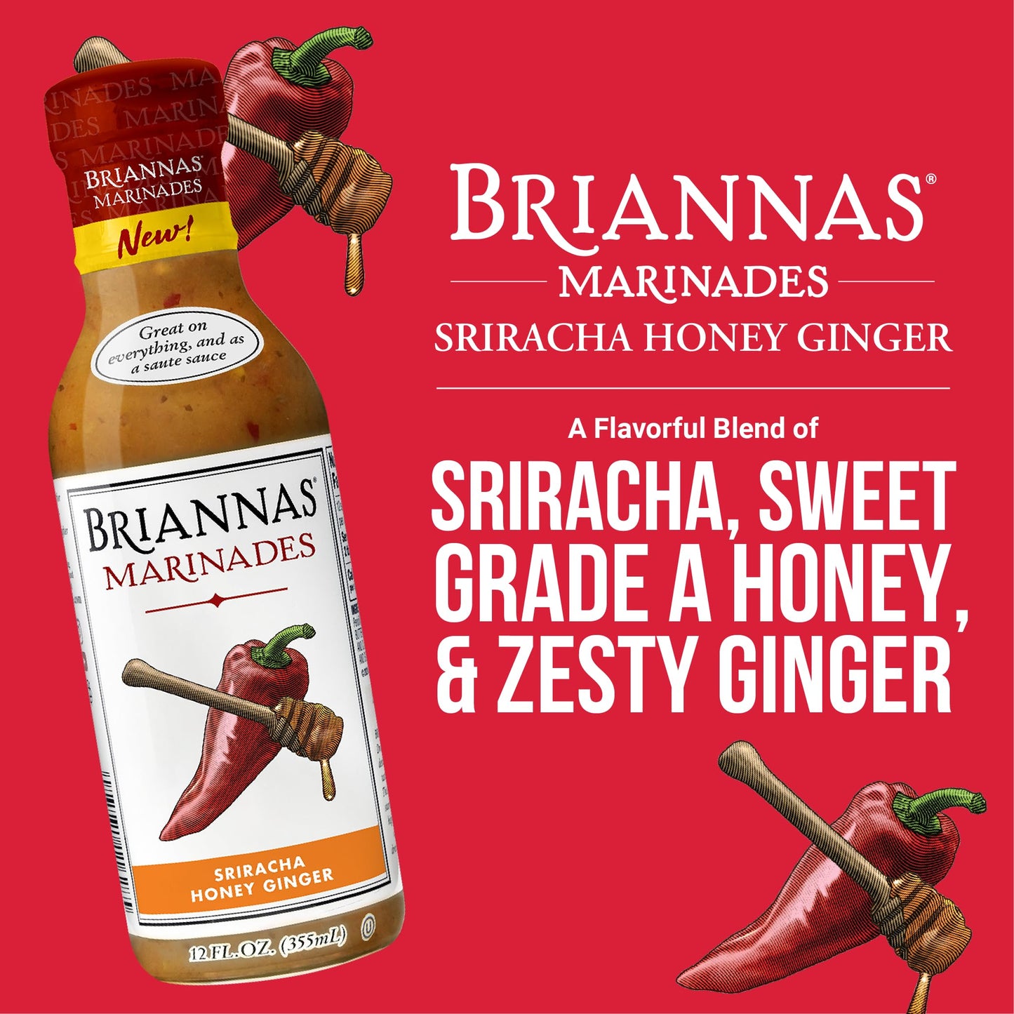 BRIANNAS - Sriracha Honey Ginger Marinade - Small Batch, Gluten Free Marinade made with Premium Ingredients - 12 oz. Bottle