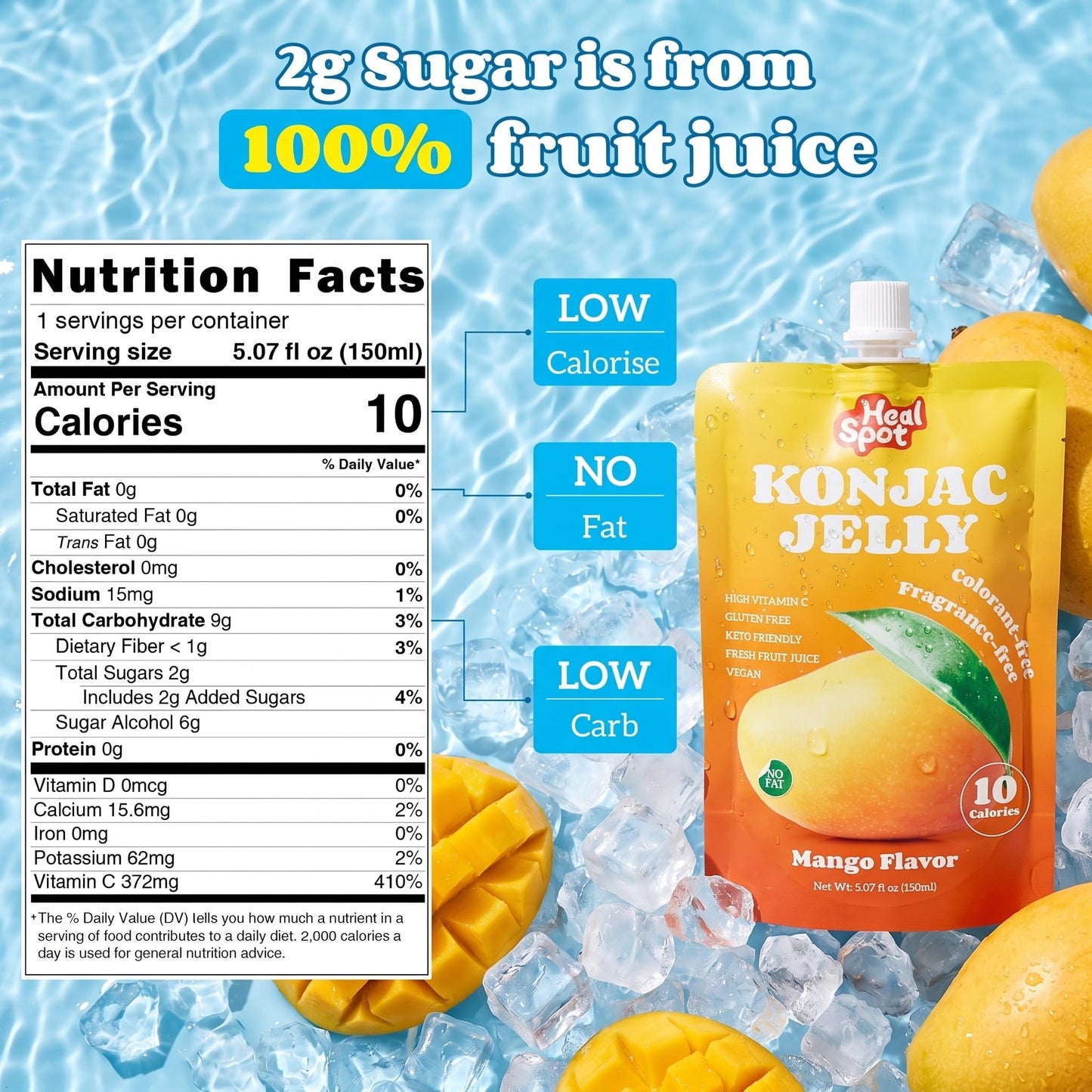 Healspot Real Fruit Juice Snacks Konjac Jelly with Collagen Peptides and Vitamin C, No Artificial Sweetener, Low Calories|Gluten Free|Keto Friendly