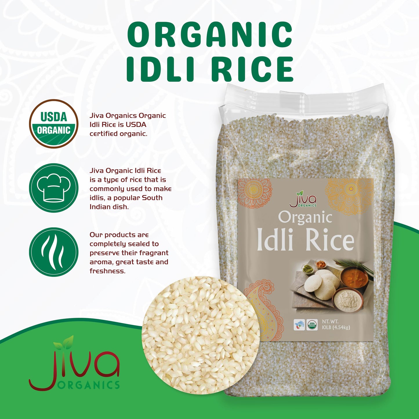 Jiva Organic Idli Rice 10 Pound Bag - Non-GMO, USDA Organic, Vegan, Perfect for Idli & Dosa - Short Grain Parboiled Rice