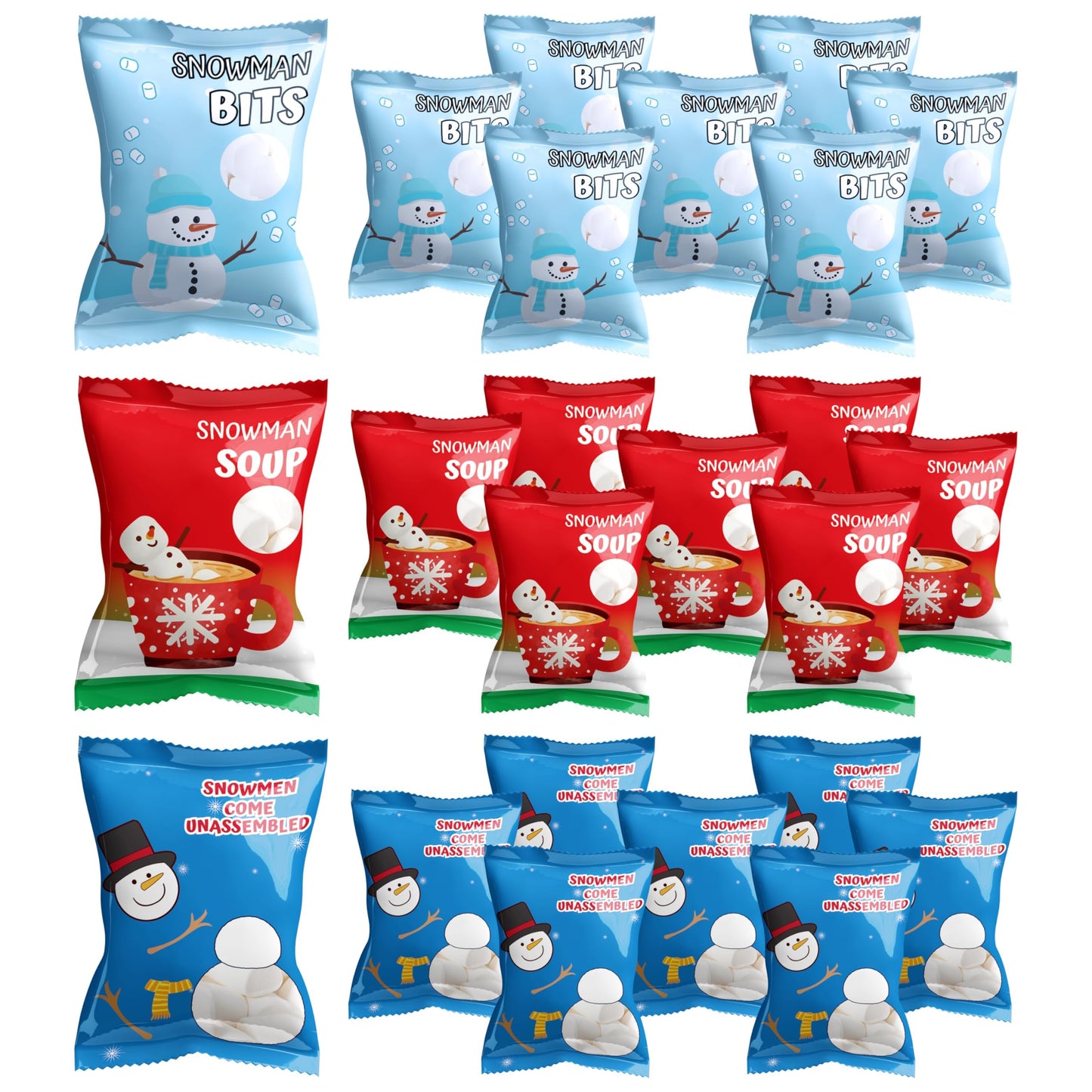 4E's Novelty 24 Packets 3 Assorted Christmas Mini Marshmallows - Individually Wrapped Snowman Marshmallows Packs for Hot Chocolate & Hot Cocoa