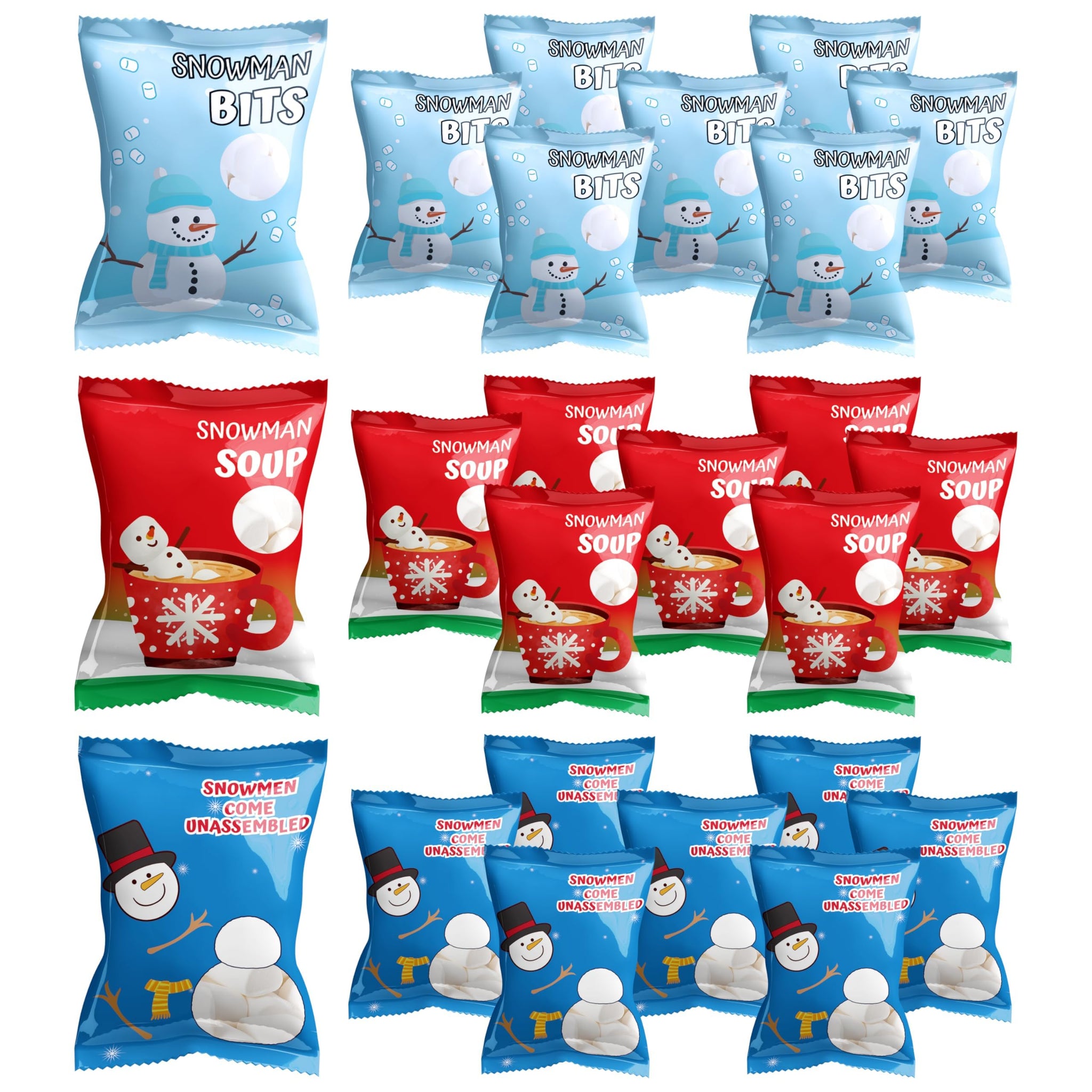 4E's Novelty 24 Packets 3 Assorted Christmas Mini Marshmallows - Individually Wrapped Snowman Marshmallows Packs for Hot Chocolate & Hot Cocoa