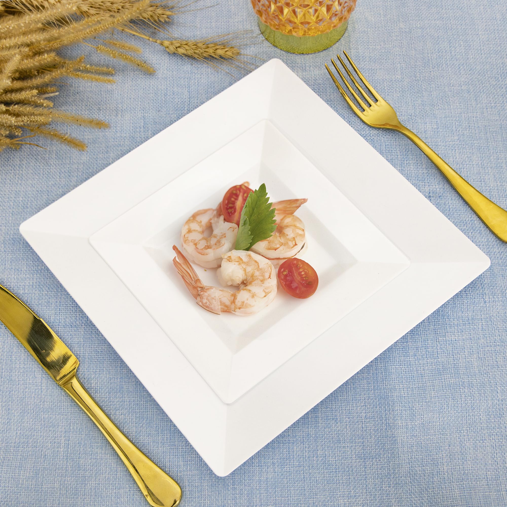 SETUP [Case of 240 Combo White Square Plates, Disposable Plastic Plates - Premium Heavy-Duty 120 Disposable 9.5" Dinner Party Plates and 120