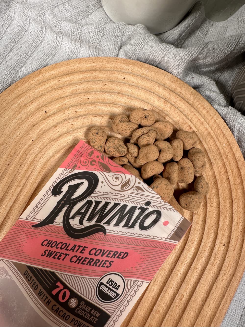 Rawmio Chocolate Covered Sweet Cherries - Organic, Raw, Vegan, 70% Dark Chocolate, 6 Packs, 2 oz.