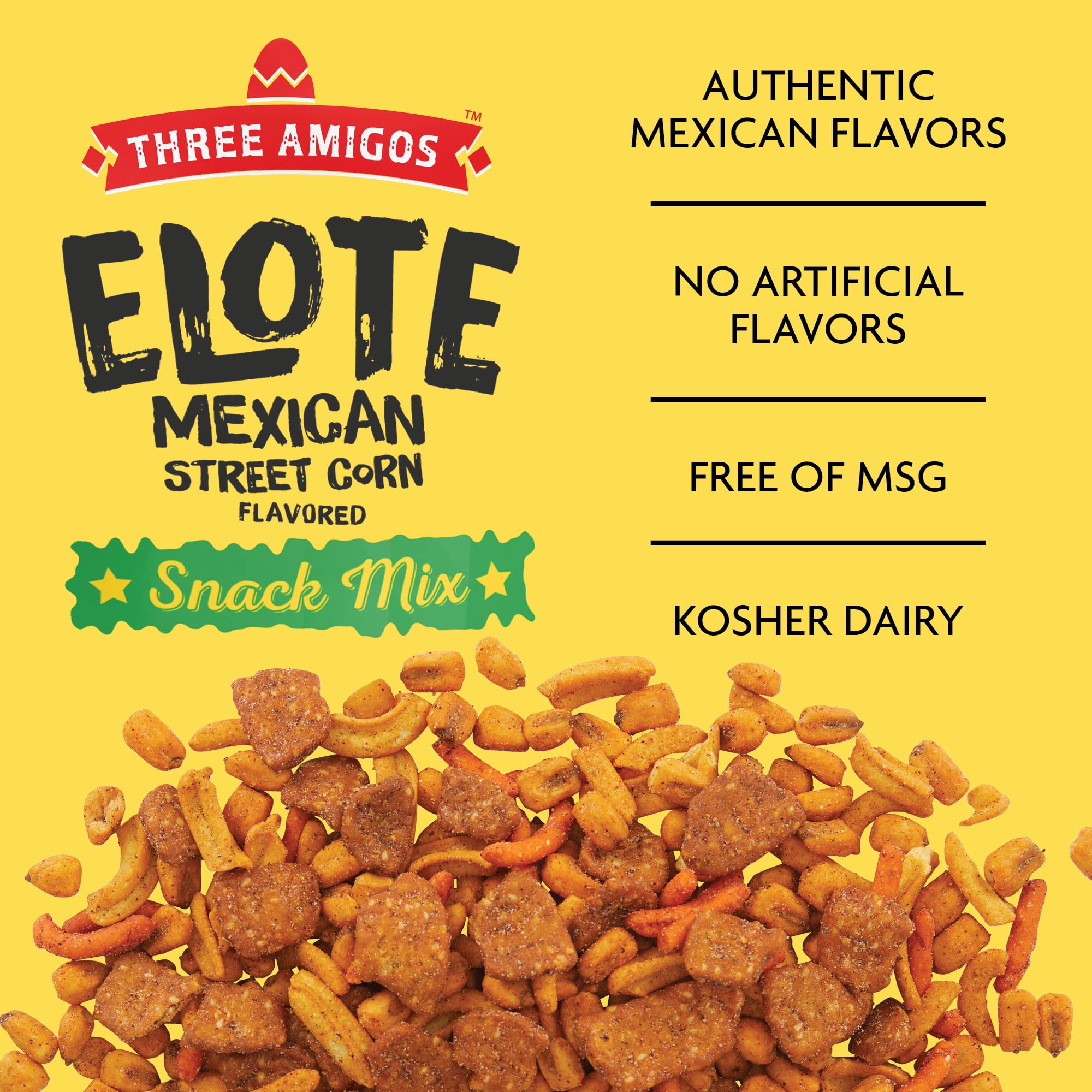 Three Amigos - Elote Mexican Street Corn Snack Mix- Deliciously Crunchy, Tangy, Hot, Sweet & Spicy Snacks - Gourmet Roasted Variety Food Snacks