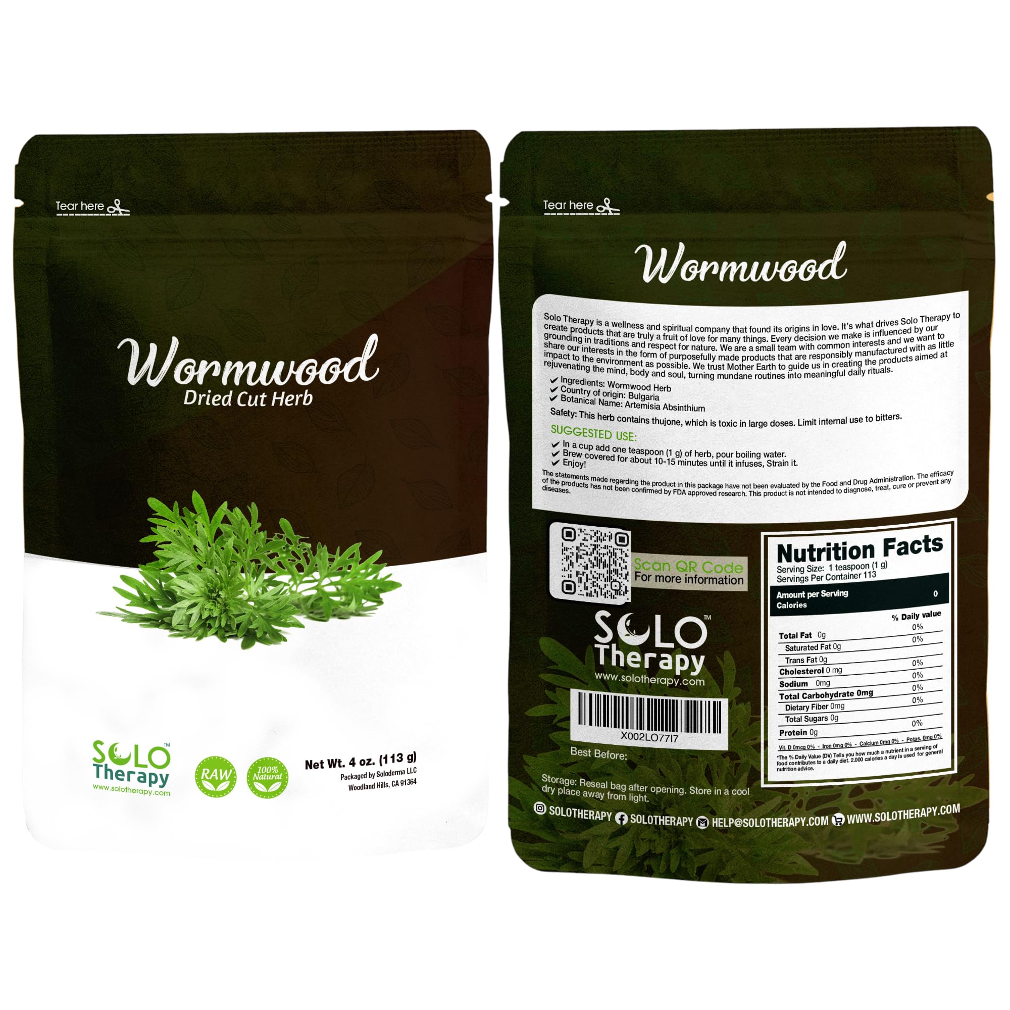 Wormwood Dried Cut Herb 4 oz. , AJENJO , Artemisia Absinthium, Resealable Bag, Wormwood Herbal Tea, Product From Croatia, Packaged in the U.S.A. (4