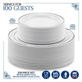Dinner and Dessert Plates Set Disposable - 200 Pieces (10" + 7") Elegant White and Silver Plastic Plates for Party and Wedding - Heavy Duty