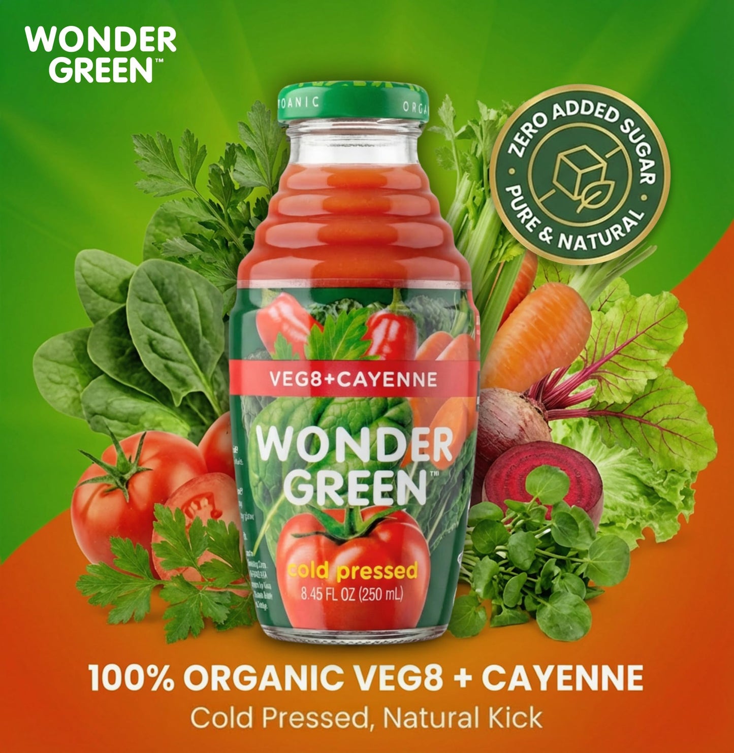 Wonder Green Organic Veg8 + Cayenne Cold Pressed Juice - 6 Pack (8.45 oz) - 100% Vegetable Juice, Low Sodium, No Added Sugar, Not From Concentrate