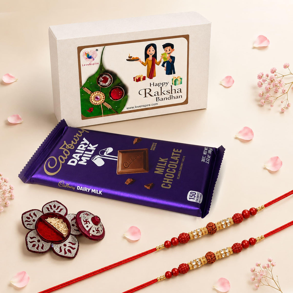 LoveNspire Rakhi Gift Hamper for Brother & Bhabhi - Includes Designer Handmade Raksha Bandhan Bracelet Threads, Chocolate, & Roli Chawal Hamper 2