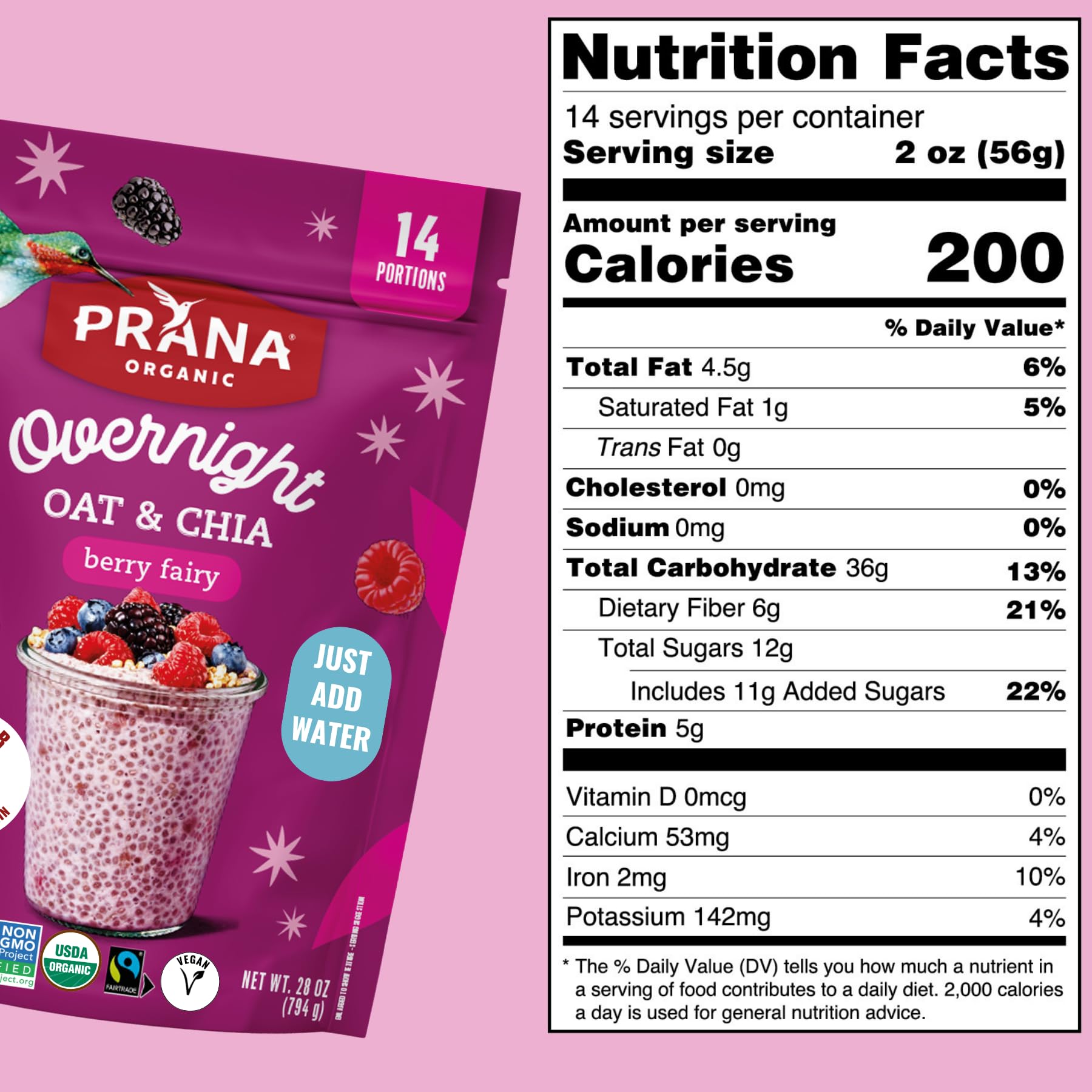 Prana Organic Overnight Chia with Oats Berry Fairy | Rich in Fiber & Protein, Vegan, Non-GMO | Ready to Eat Breakfast - 28 oz Bags - 1 Pack