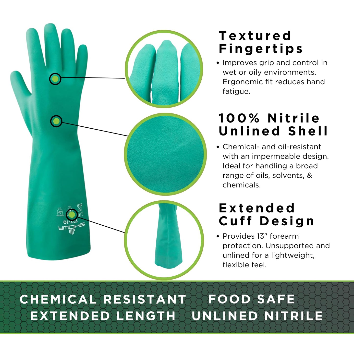 SHOWA 717 Chemical Resistant Gloves, 11-mil Nitrile Gloves, 13-inch Extended Gauntlet, Bisque Grip, Unlined & Unsupported, CE Cat III & Food Safe