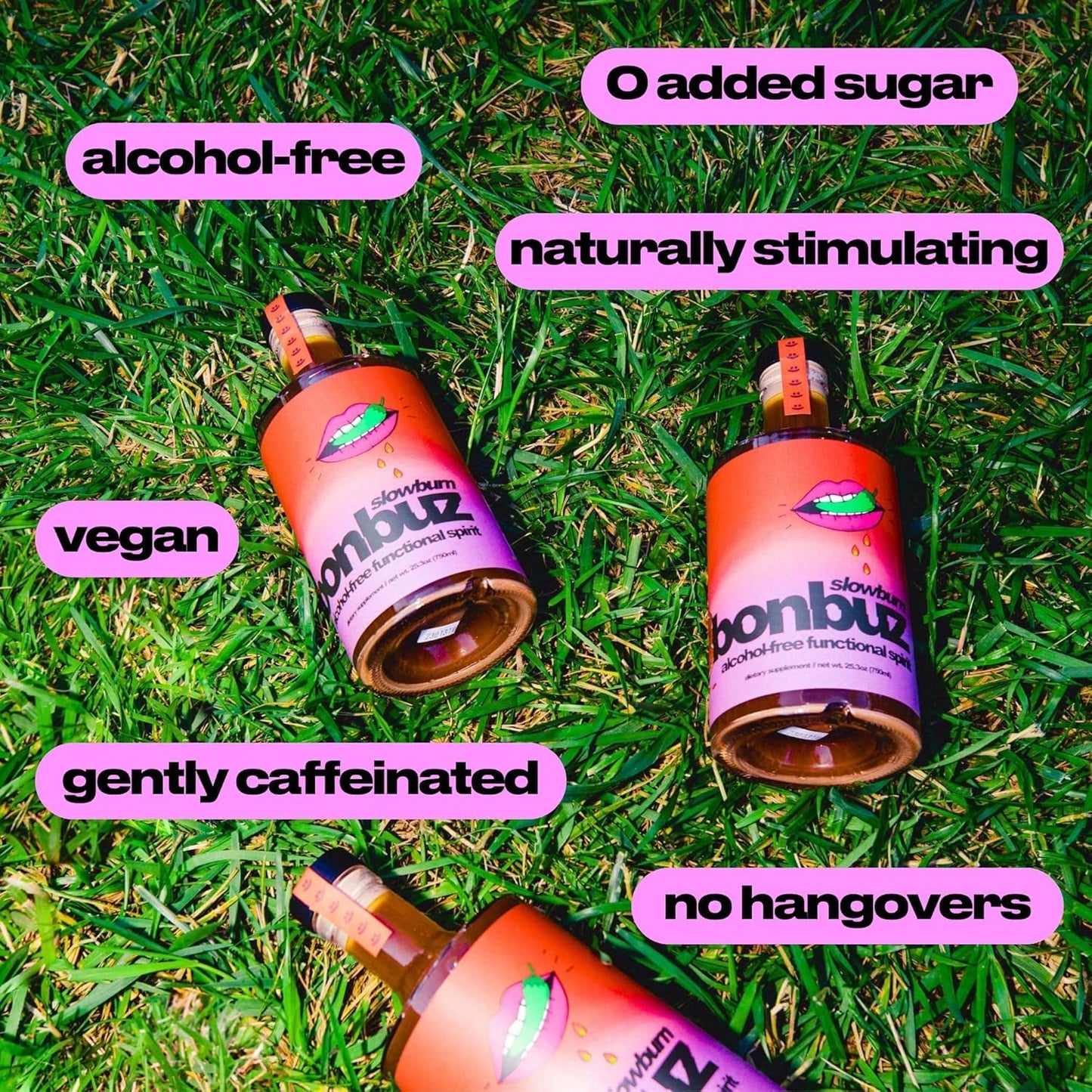 Bonbuz Slowburn - Functional Non-Alcoholic Spirit with a Buzz - Nootropics & Adaptogens - Spicy Sugar-Free Mocktail Mixer & Alcohol Replacement Drink