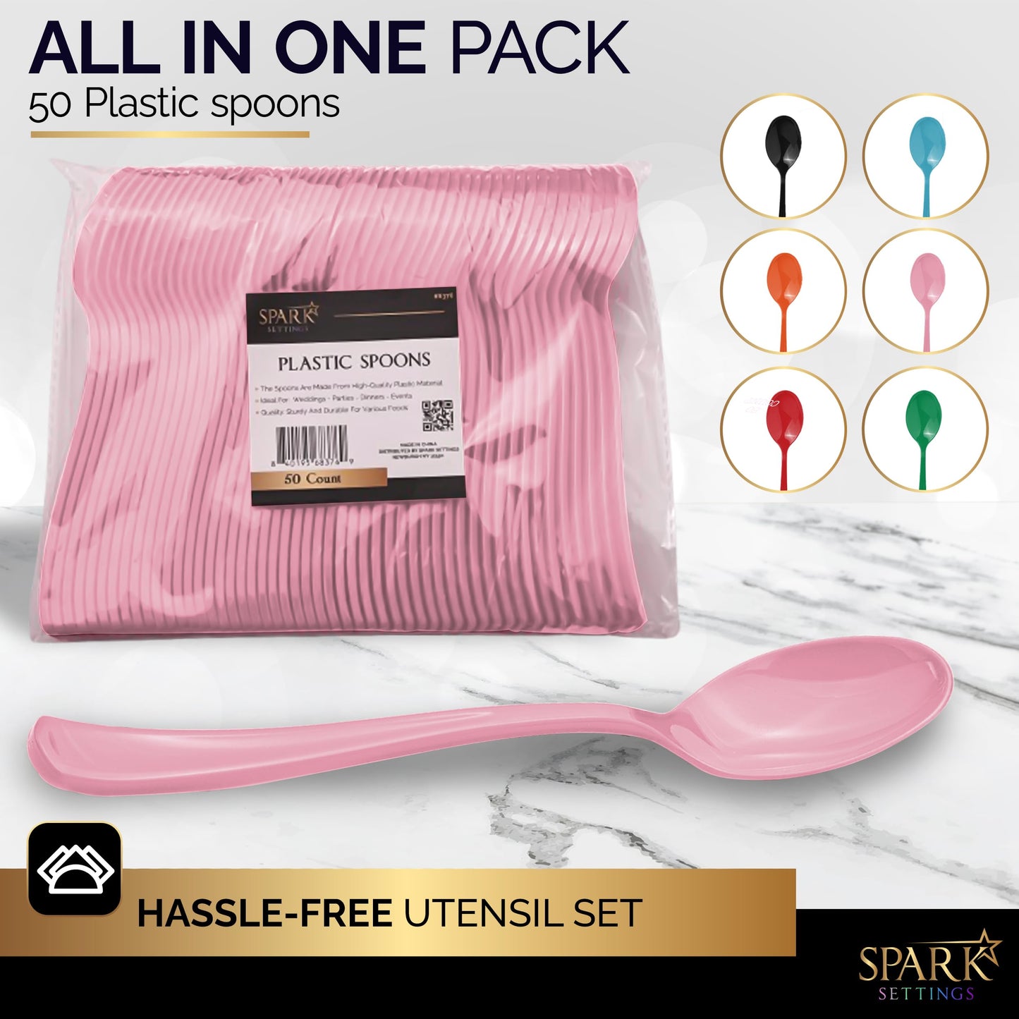 SparkSettings Disposable Plastic Cutlery - Heavy Duty Silverware, Ideal for Hot & Cold Food - 50 Pack (Pink)