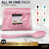 SparkSettings Disposable Plastic Cutlery - Heavy Duty Silverware, Ideal for Hot & Cold Food - 50 Pack (Pink)