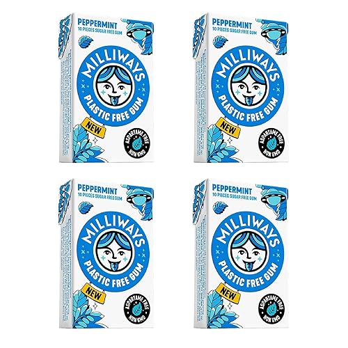 Milliways Peppermint | Plastic Free Gum | Xylitol, Aspartame-Free, Sugar-Free, Plant-Based, Natural Chewing Gum | 40 Pieces Total (4 Packs of 10