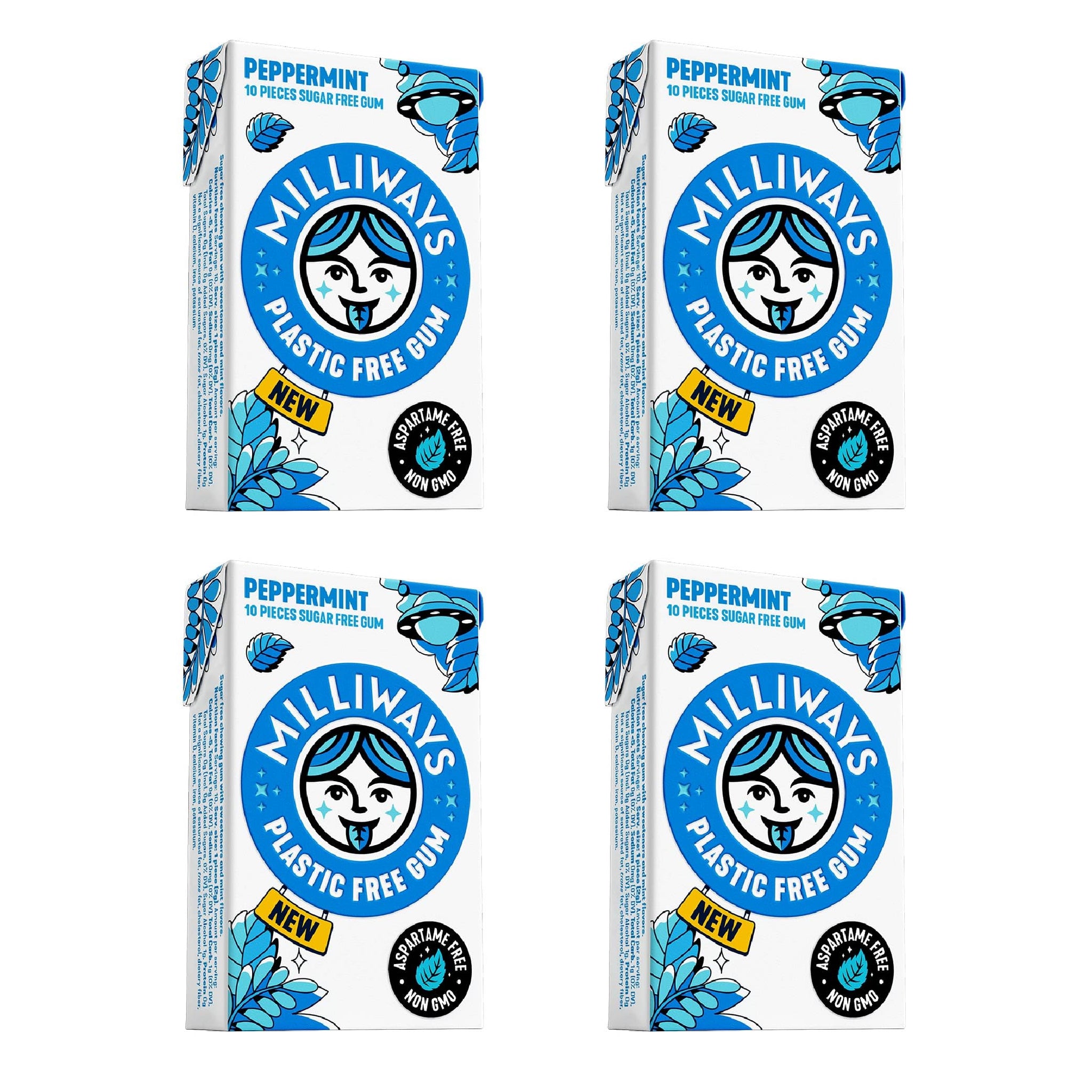 Milliways Peppermint | Plastic Free Gum | Xylitol, Aspartame-Free, Sugar-Free, Plant-Based, Natural Chewing Gum | 40 Pieces Total (4 Packs of 10