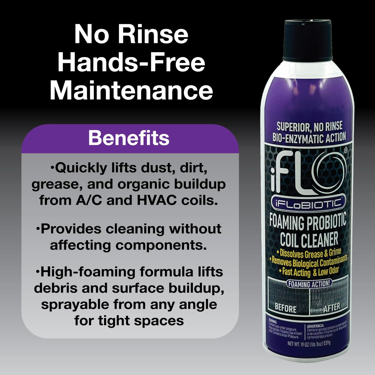 iFLO® iFLOBiotic Foaming Probiotic Coil Cleaner, No-Rinse A/C Cleaner Foam Spray for HVAC Evaporator & Condenser Units, Concentrated Coil Spray