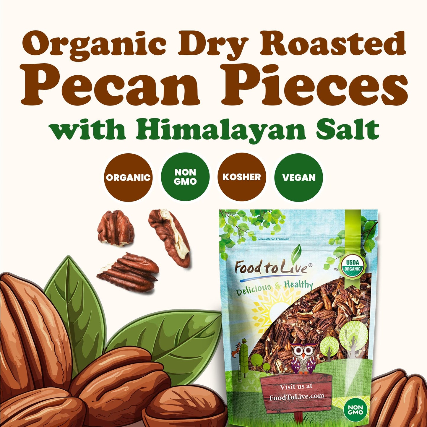 Food to Live Organic Dry Roasted Pecan Pieces with Himalayan Salt 8 Ounces - Oven Toasted, No Oil Added, Lightly salted, Rich in Flavor and Crunch