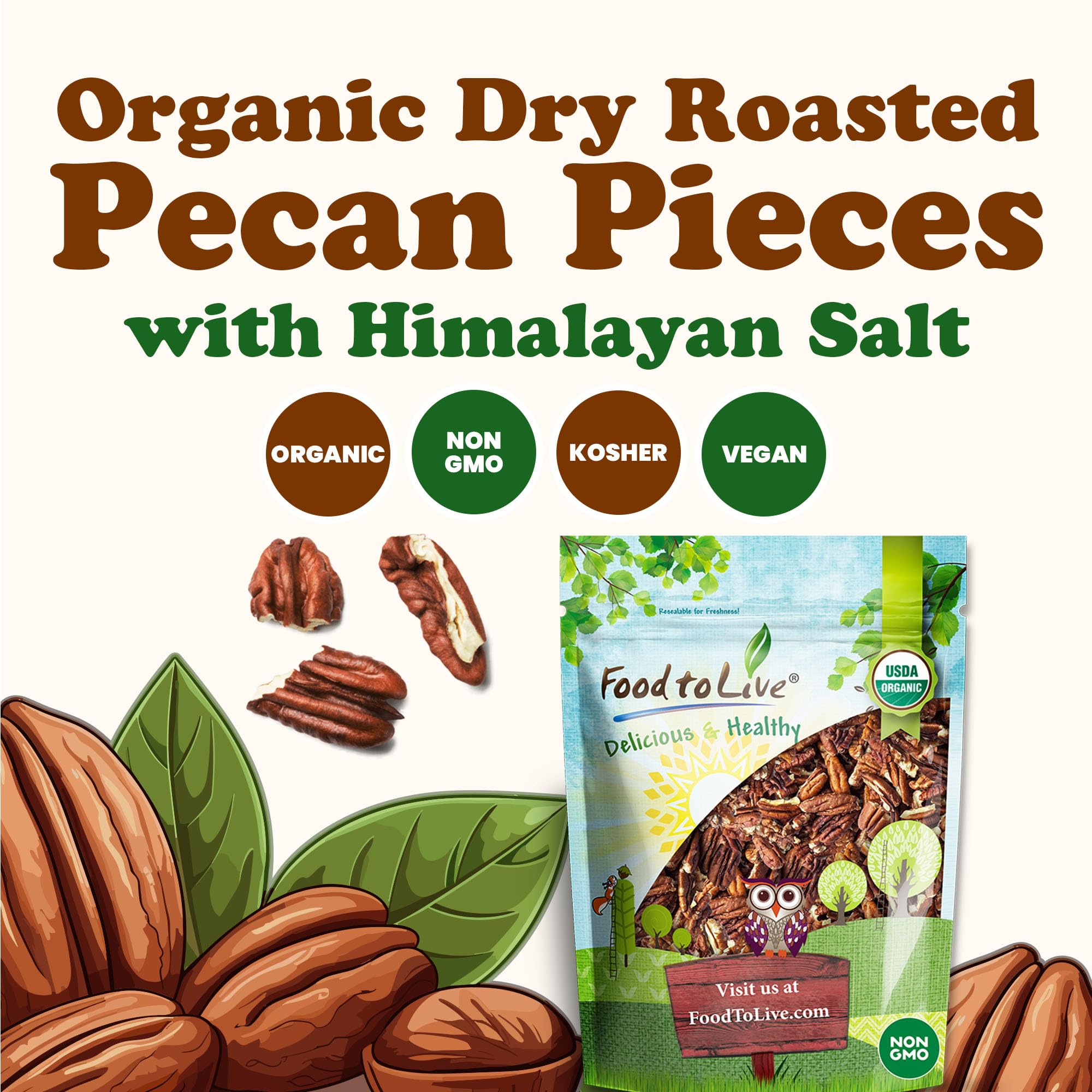 Food to Live Organic Dry Roasted Pecan Pieces with Himalayan Salt 8 Ounces - Oven Toasted, No Oil Added, Lightly salted, Rich in Flavor and Crunch