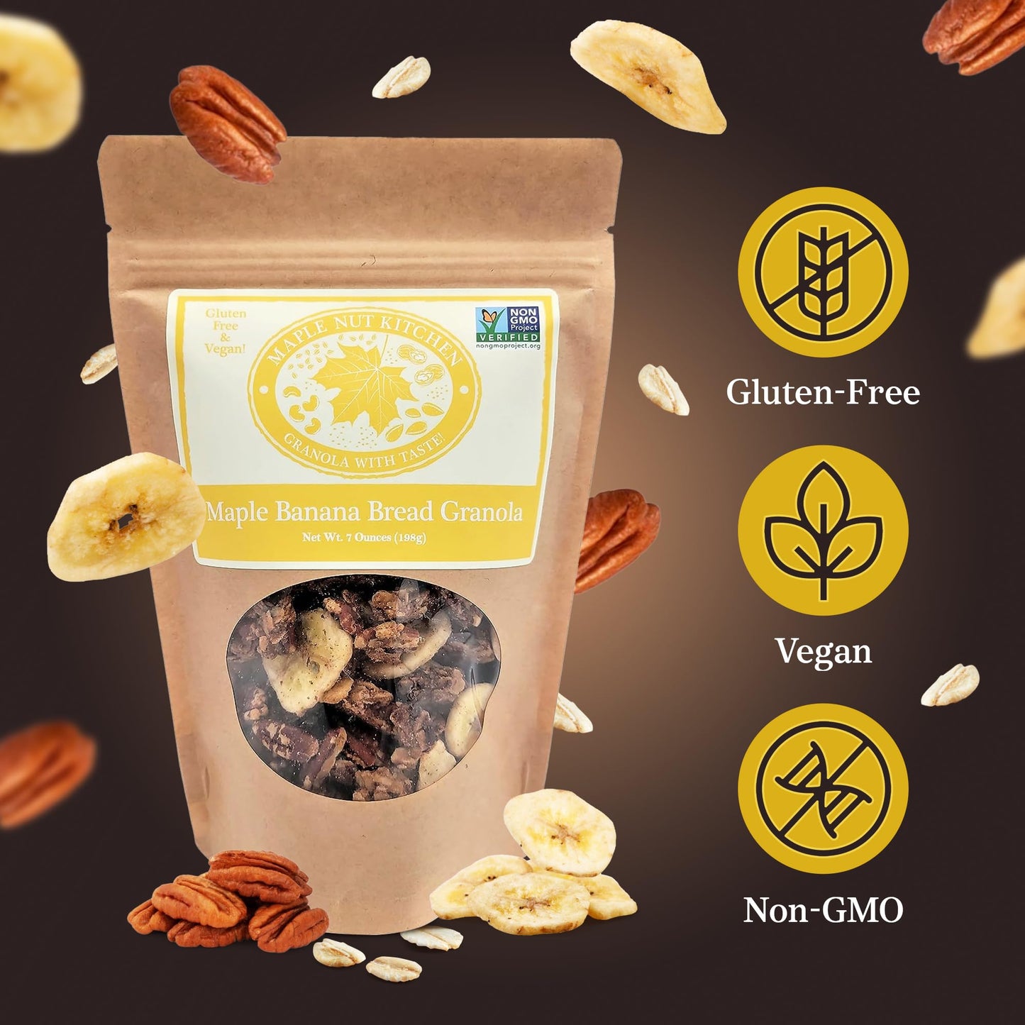 Maple Nut Kitchen Banana Bread Granola 3 Pack - Gluten-Free Oats, Maple Syrup & Pecans - Crunchy Vegan Cereal with Dried Bananas, Healthy Breakfast