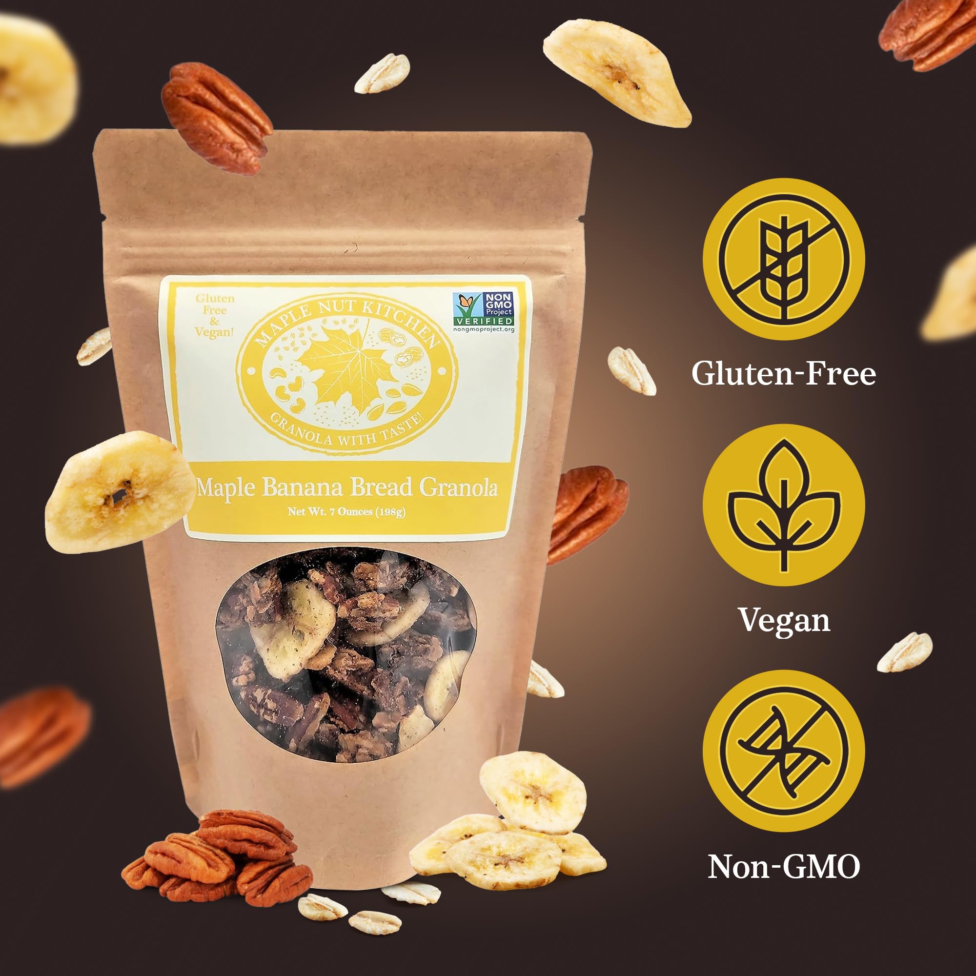 Maple Nut Kitchen Banana Bread Granola - Gluten-Free Oats, Maple Syrup & Pecans - Crunchy Vegan Cereal with Dried Bananas, Healthy Breakfast Granola