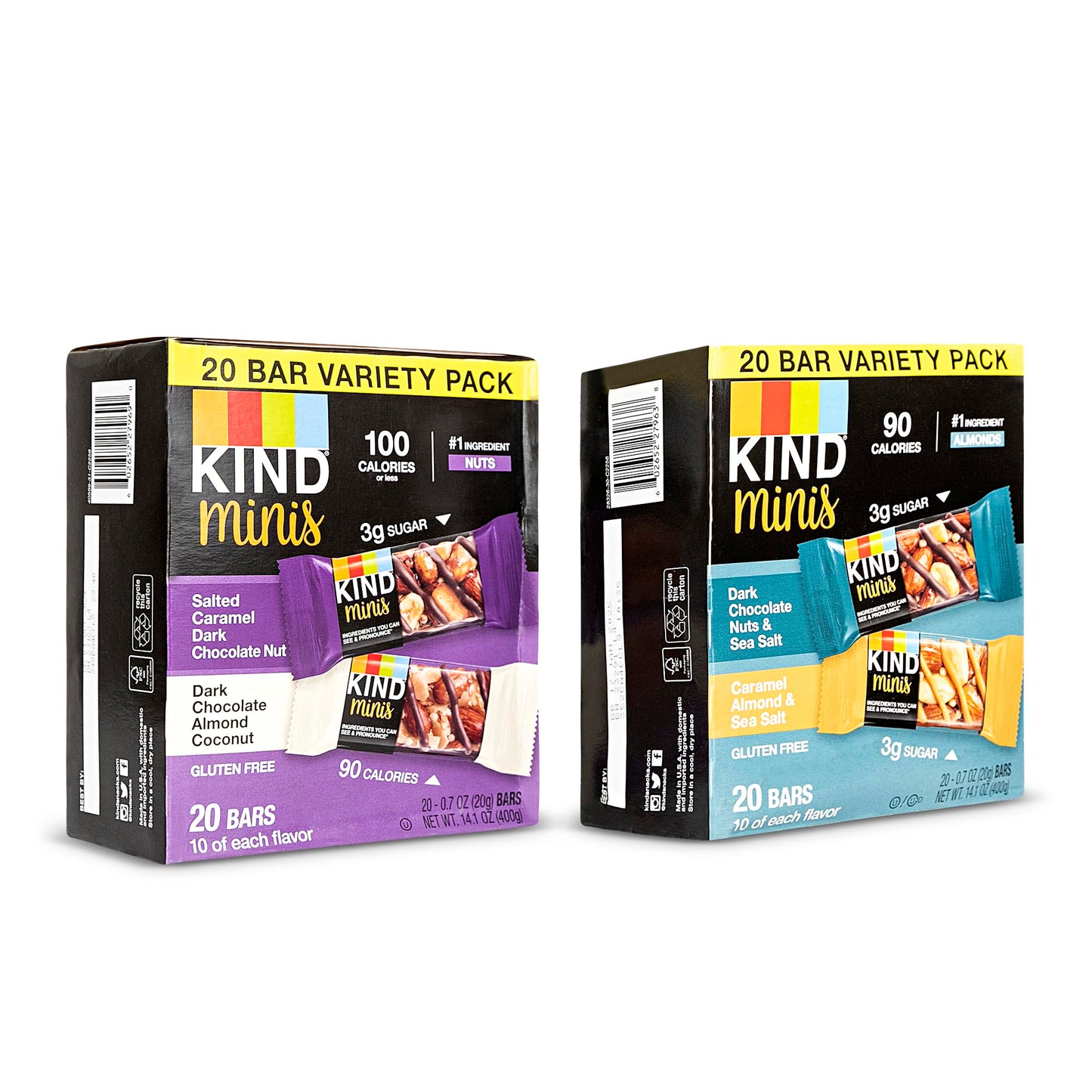 KIND Minis, Variety of Variety 1 Salted Caramel Dark Chocolate Nut/Dark Chocolate Almond Coconut (Pack of 20) 1, Dark Chocolate Nuts & Sea