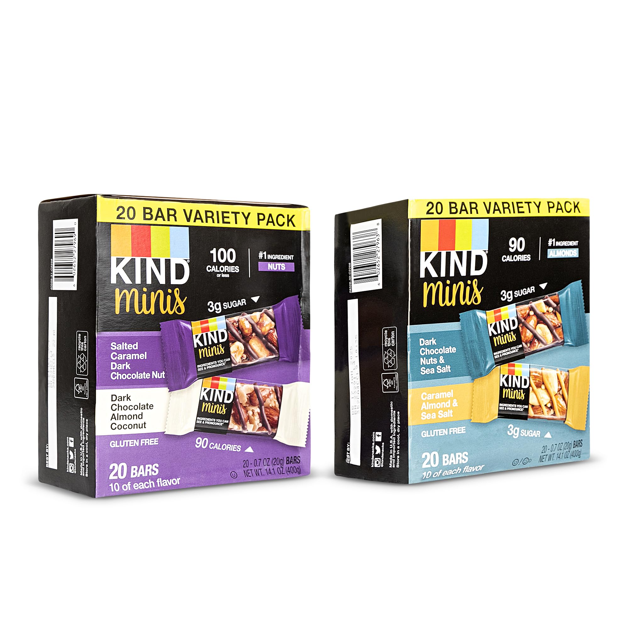 KIND Minis, Variety of Variety 1 Salted Caramel Dark Chocolate Nut/Dark Chocolate Almond Coconut (Pack of 20) 1, Dark Chocolate Nuts & Sea