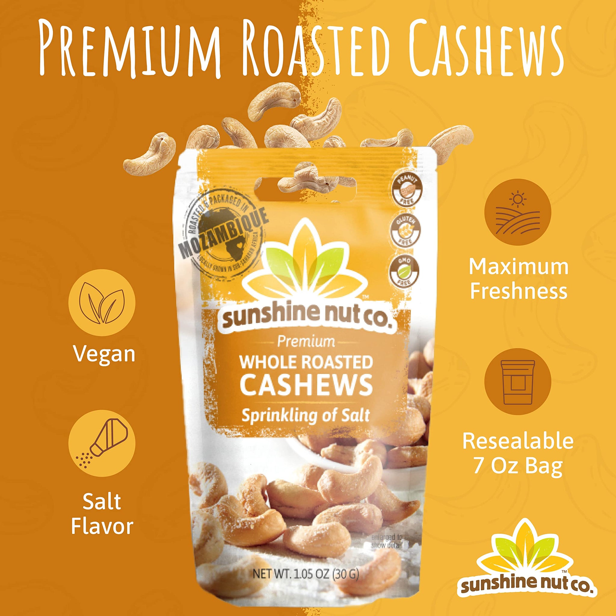 Sunshine Nut Company Whole Roasted Lightly Salted Cashews, Sprinkling of Salt Flavor, 2 Pack, 7 oz. Each, Gluten Free, Peanut Free and Vegan