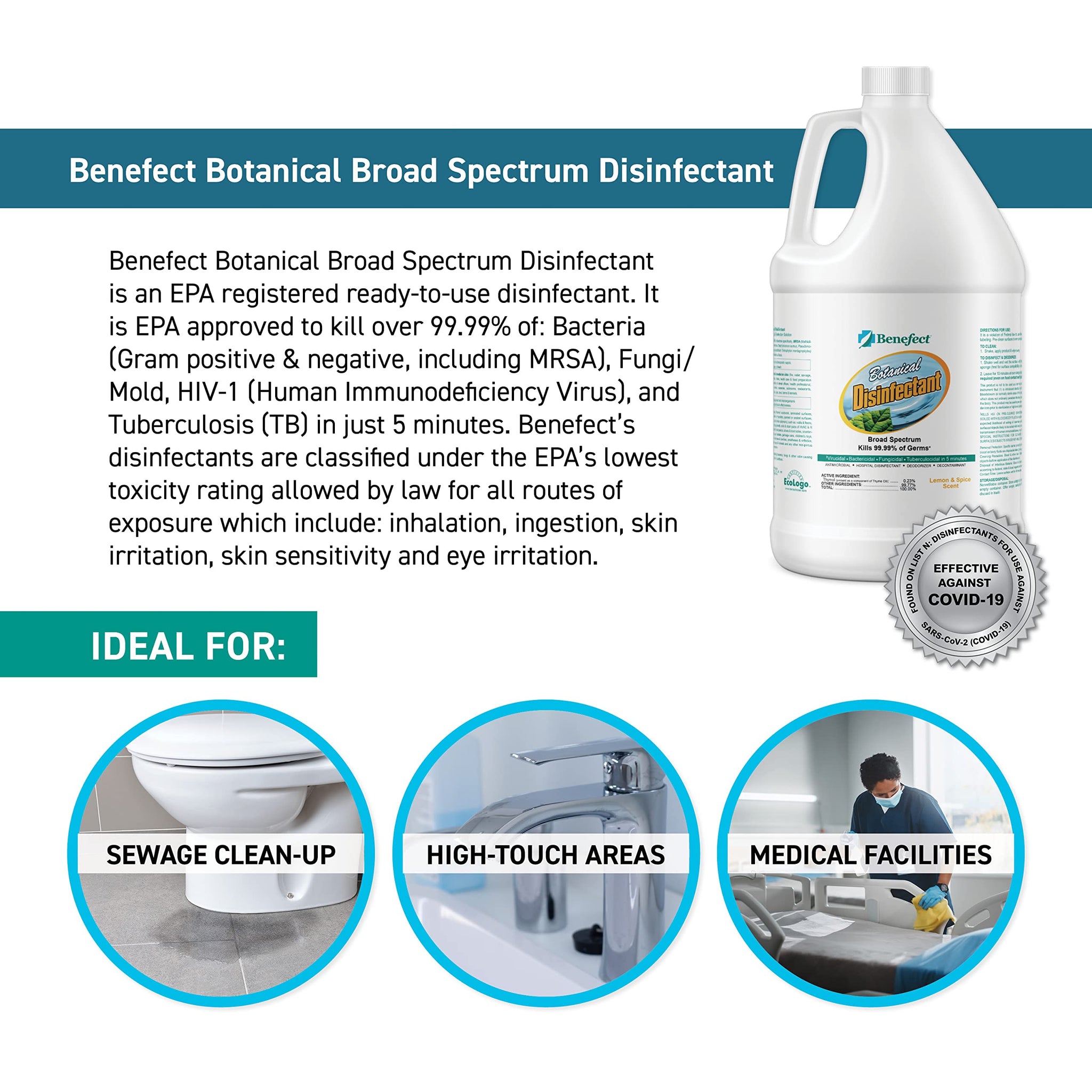 Benefect Botanical Broad Spectrum Disinfectant, 1 Gallon, Lemon & Spice Scent, Hospital Grade Disinfectant & Tuberculocide, Kills Over 99.99%