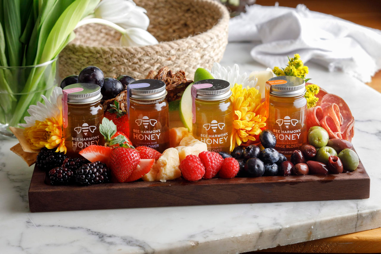 Bee Harmony Classic Honey Flight, Mini Honey Gift Set, 4 Jars, 3 OZ Each, Premium, Raw, Made in the USA