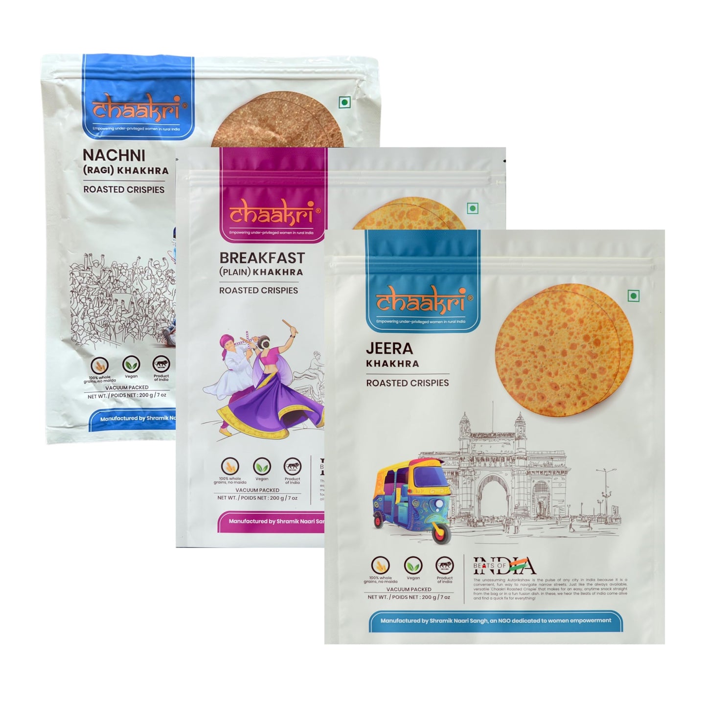 Chaakri Khakhra Roasted Crispies - 3 Pack, Whole Grain, Ready to Eat Savory Snacks, Non-GMO, Vegan (Mild Mix)