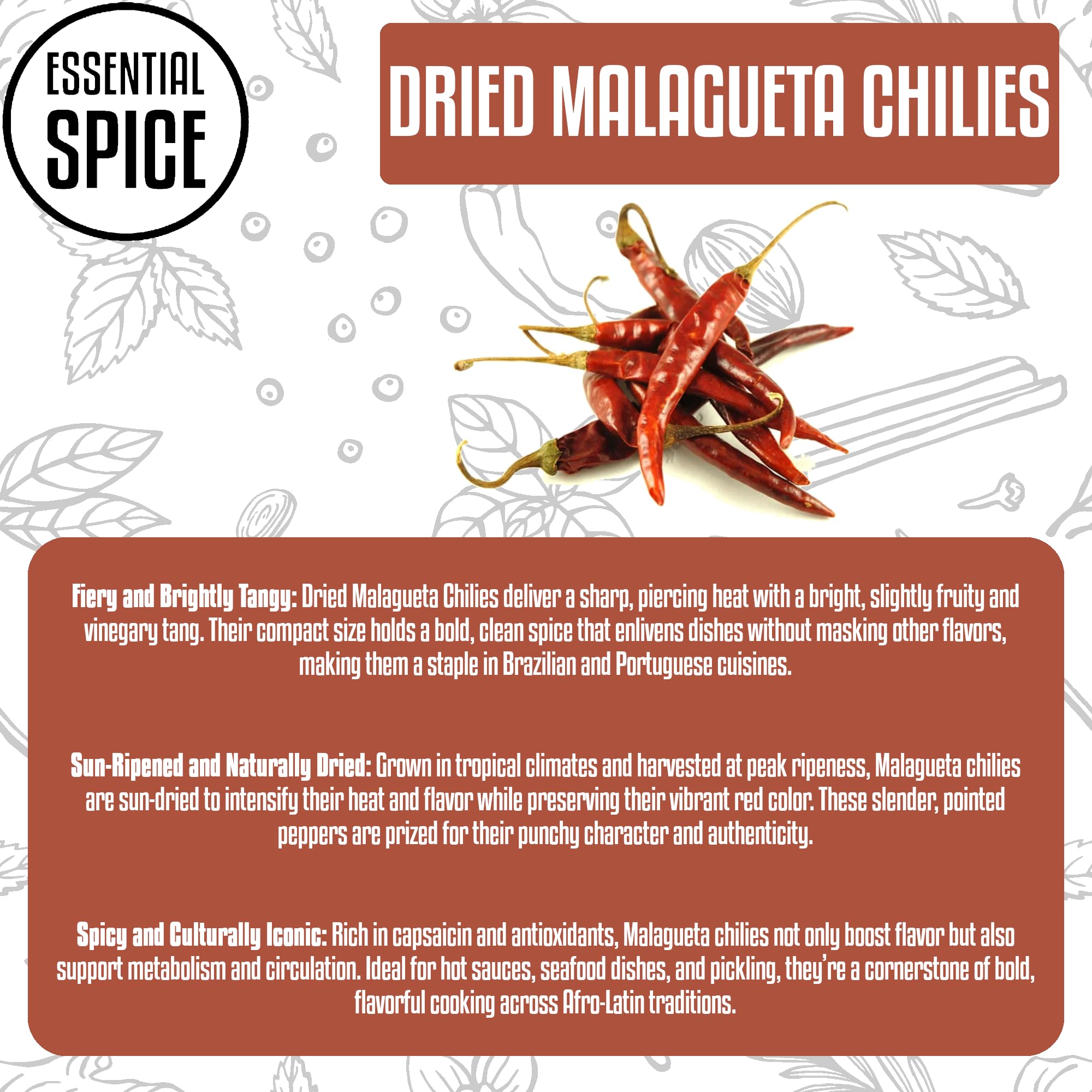 Essential Spice Dried Malagueta Chilies - Bold Heat with Sharp, Peppery Flavor - Whole Dried Brazilian Chilies for Sauces, Stews, Pickling
