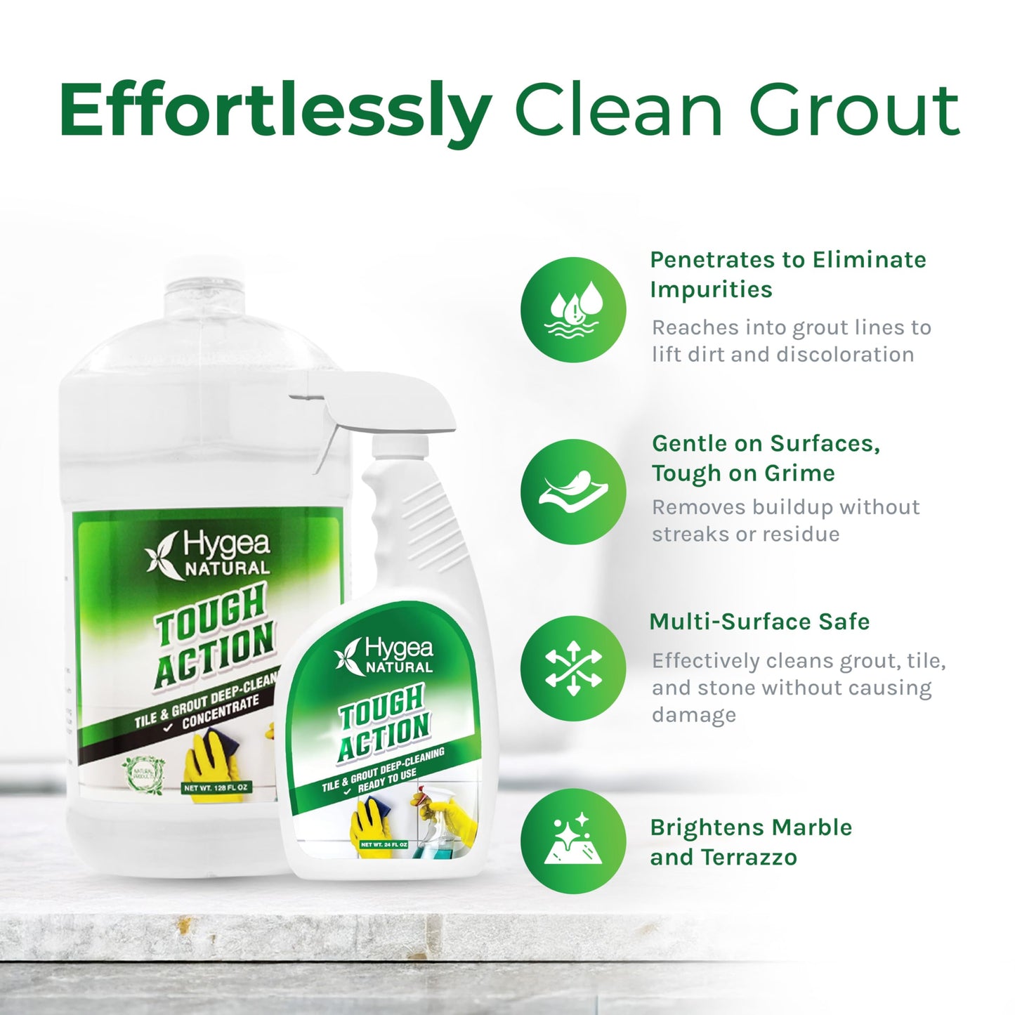 Hygea Natural Tough Action Tile & Grout Cleaner Duo - Deep Cleans Dirt & Scum, Conditions & Enhances Stone Color - Acid-Free & Residue-Free